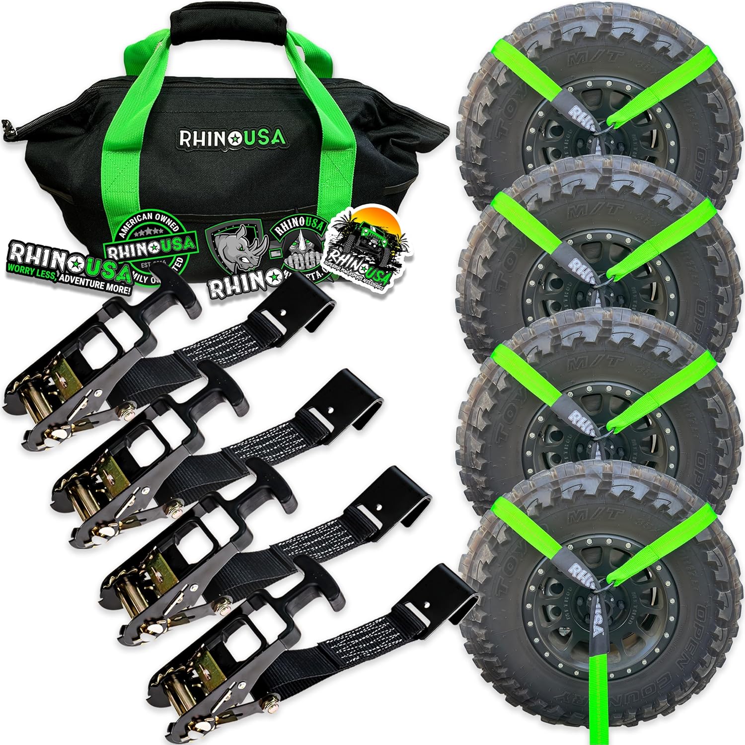 Car Tie Down Straps for Trailers with Flat Hooks (4-Pack) - 2 Inch x 8 Feet (10,000lb Break Strength) - Heavy Duty T-Handle Car Lasso Tire Straps for Trailer & UTV - Black