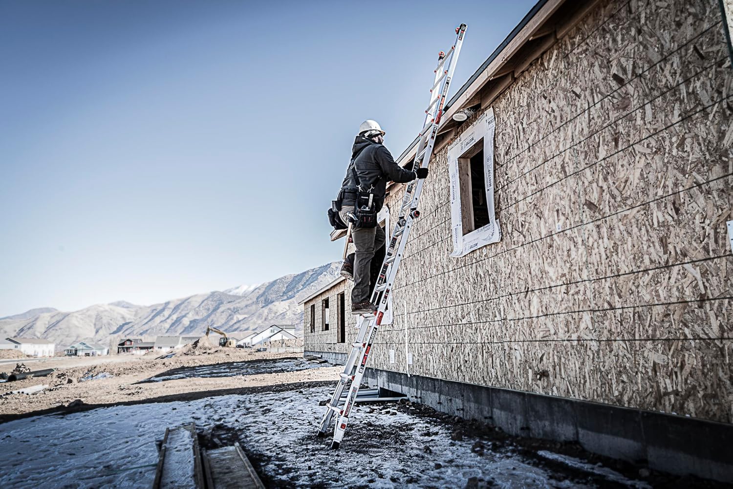 17-foot foldable multi-position ladder, made of aluminum, with a load capacity of 300 pounds, 1A type super heavy-duty, 18-foot extension length, equipped with a ratchet leveling device and wheels