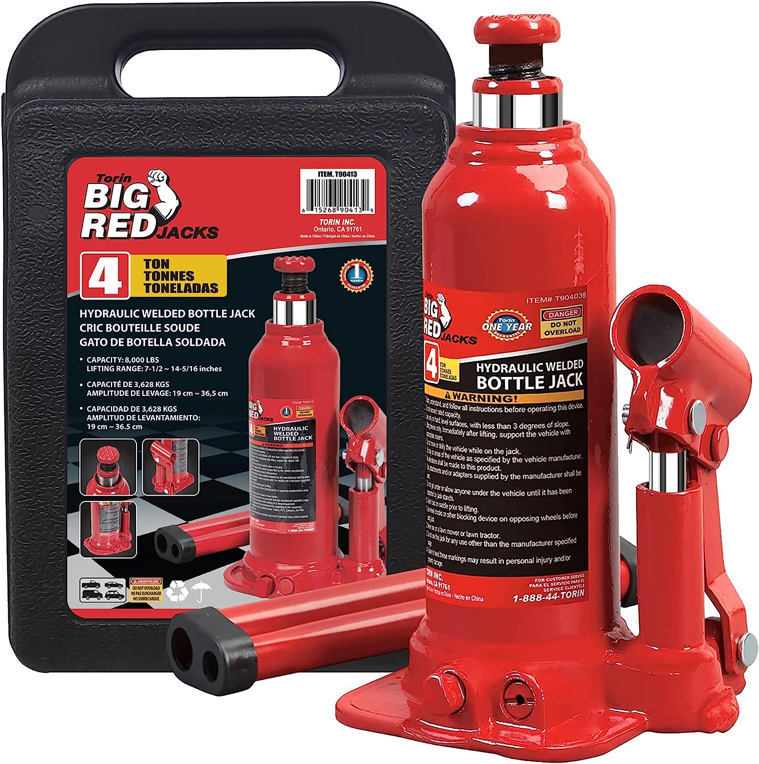Torin T90413 Big Red Hydraulic Bottle Jack with Carrying Case, 4 Ton (8,000 lb) Capacity