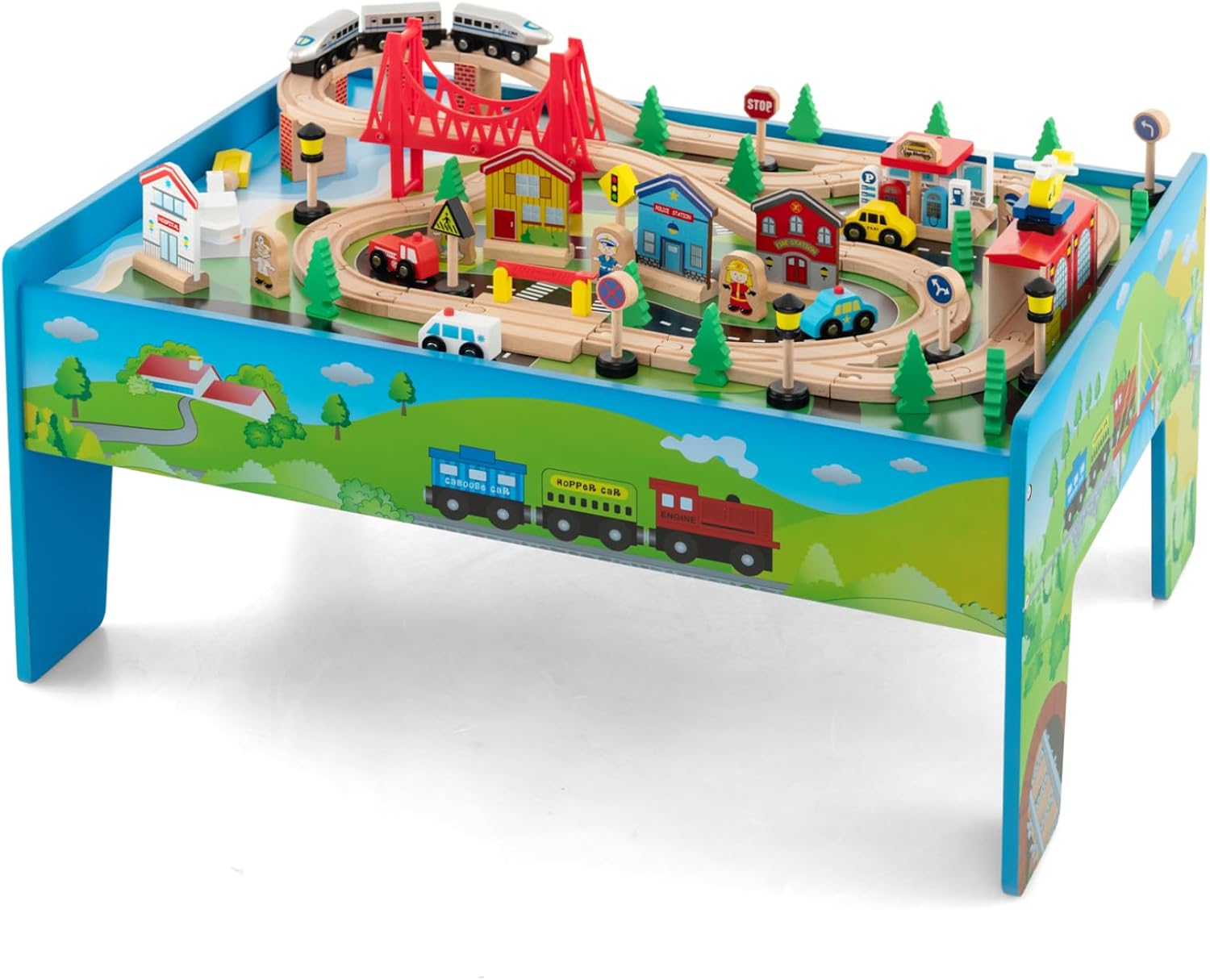 The dual-function wooden children's activity table with storage function, featuring 100 colorful components, tracks, trains, and cars, is a children's train table set suitable for children aged 3 and above. It has a flip-up tabletop and is a gift for