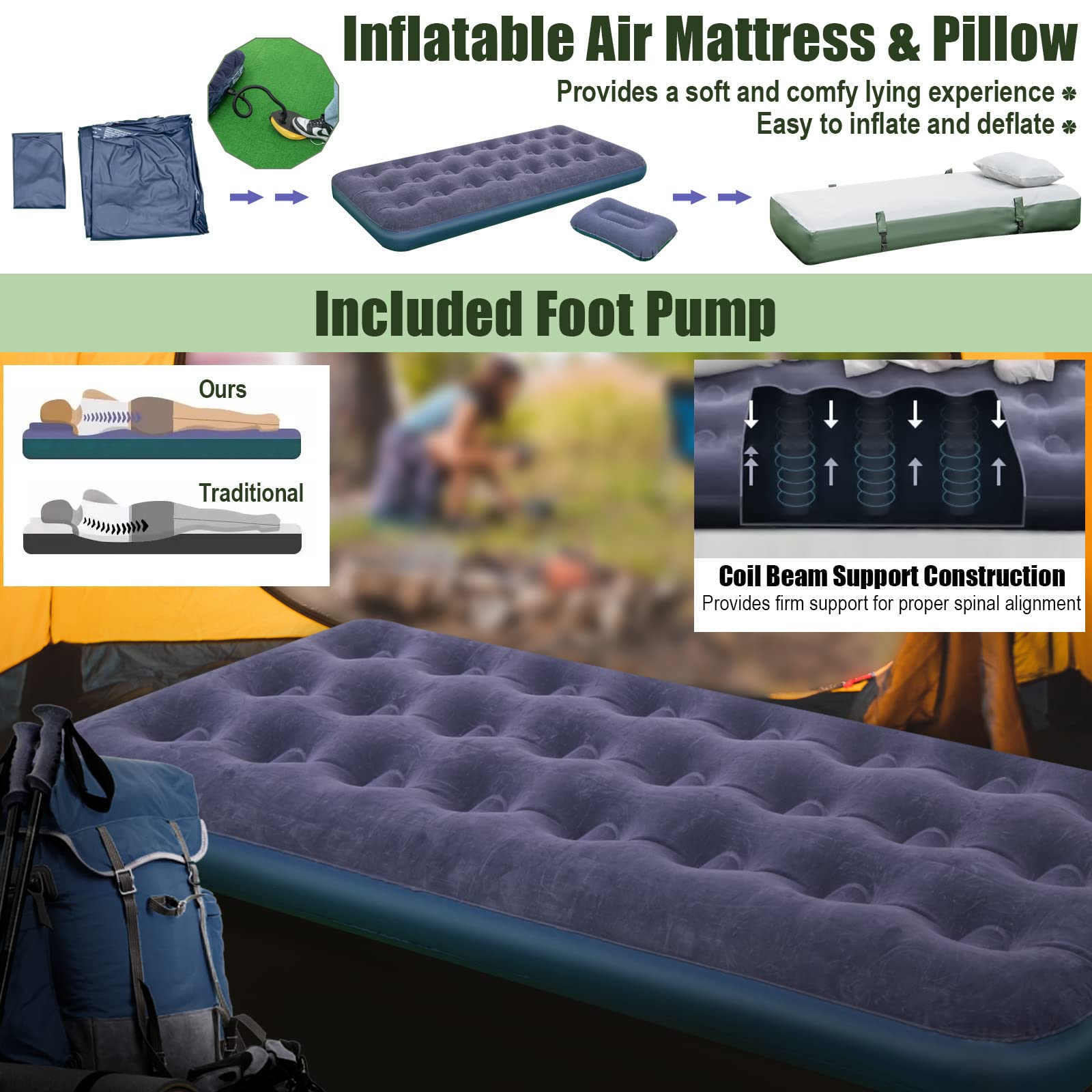 Camping Tent Cot, 5-in-1 Folding Camping Bed with Air Mattress, Pillow, Sleeping Bag