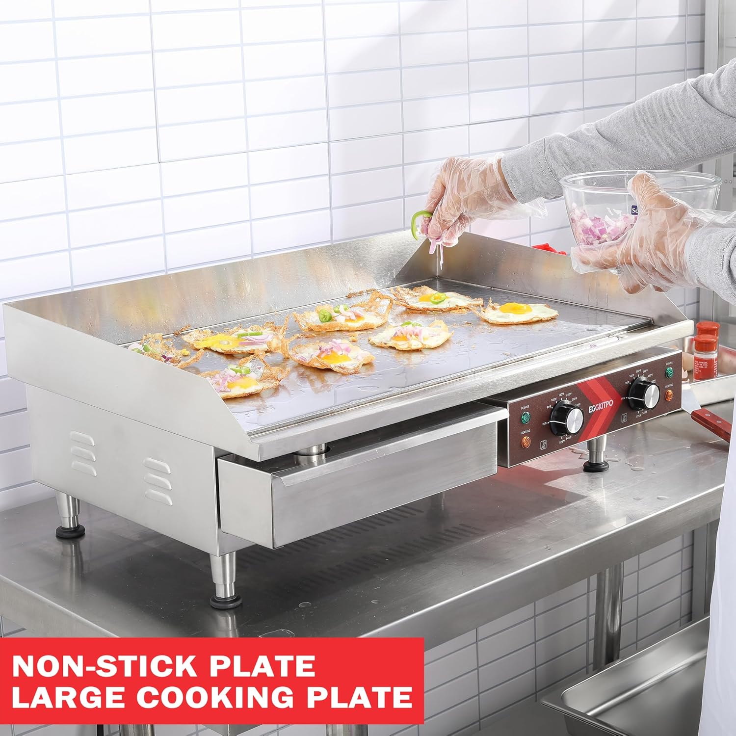 14 Inch Electric Griddle, Non-Stick Flat Top Grill Commercial Electric Countertop Griddles Stainless Steel Adjustable Temperature Control 90°F-575°F for Home or Restaurant Use