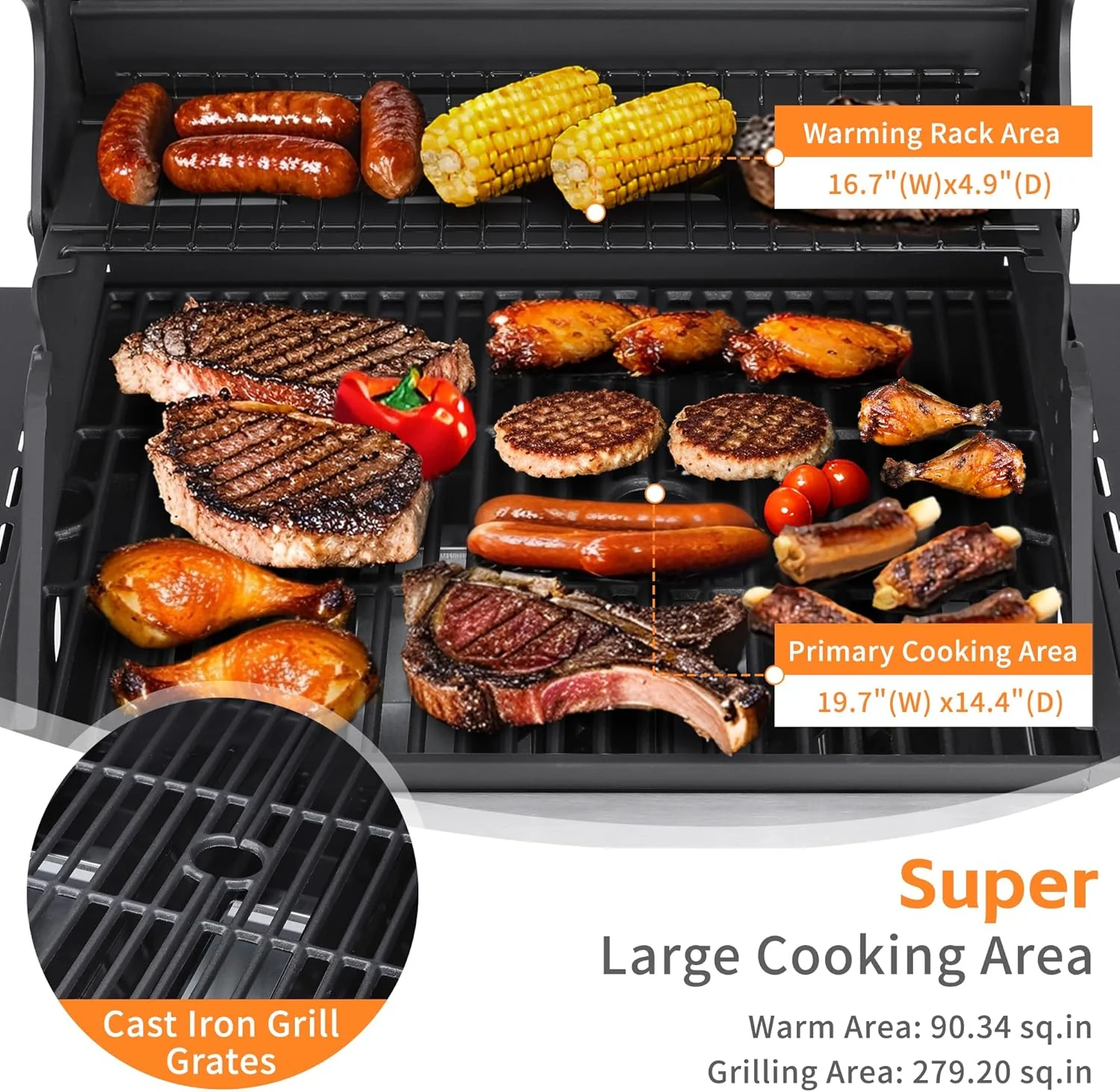 3-Burner Propane Gas Grill with 30,000 BTU Output - Double-layer Stainless Steel Grill Lid, Cast Iron Cooking Grids, Easy-Clean Grease Management & Even Heat Distribution for Perfect BBQs