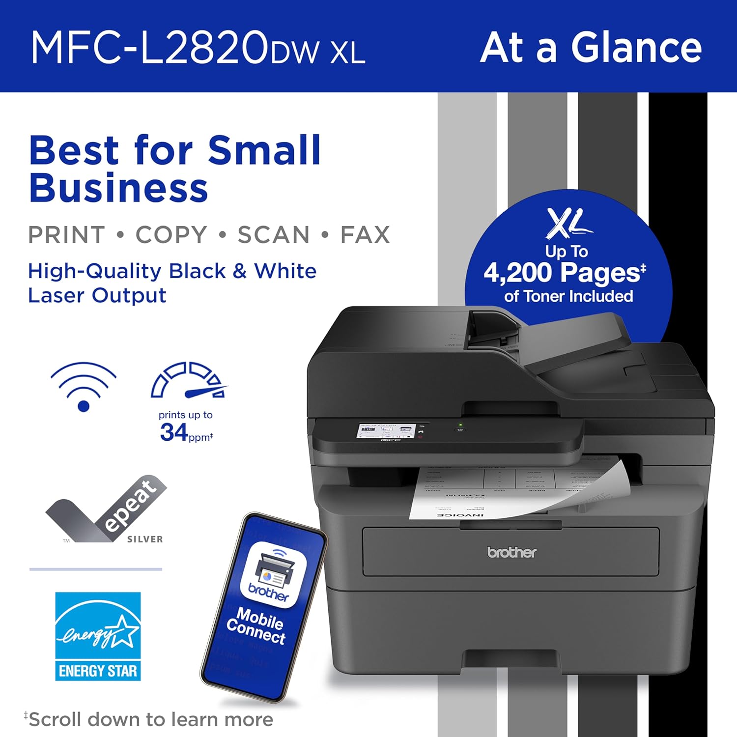 Mfc-L2820Dw Wireless Monochrome All-In-One Printer