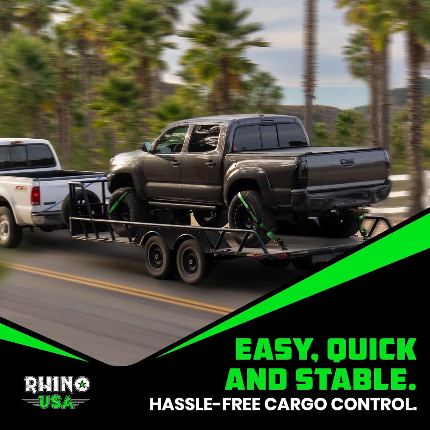 Car Tie Down Straps for Trailers with Flat Hooks (4-Pack) - 2 Inch x 8 Feet (10,000lb Break Strength) - Heavy Duty T-Handle Car Lasso Tire Straps for Trailer & UTV - Black