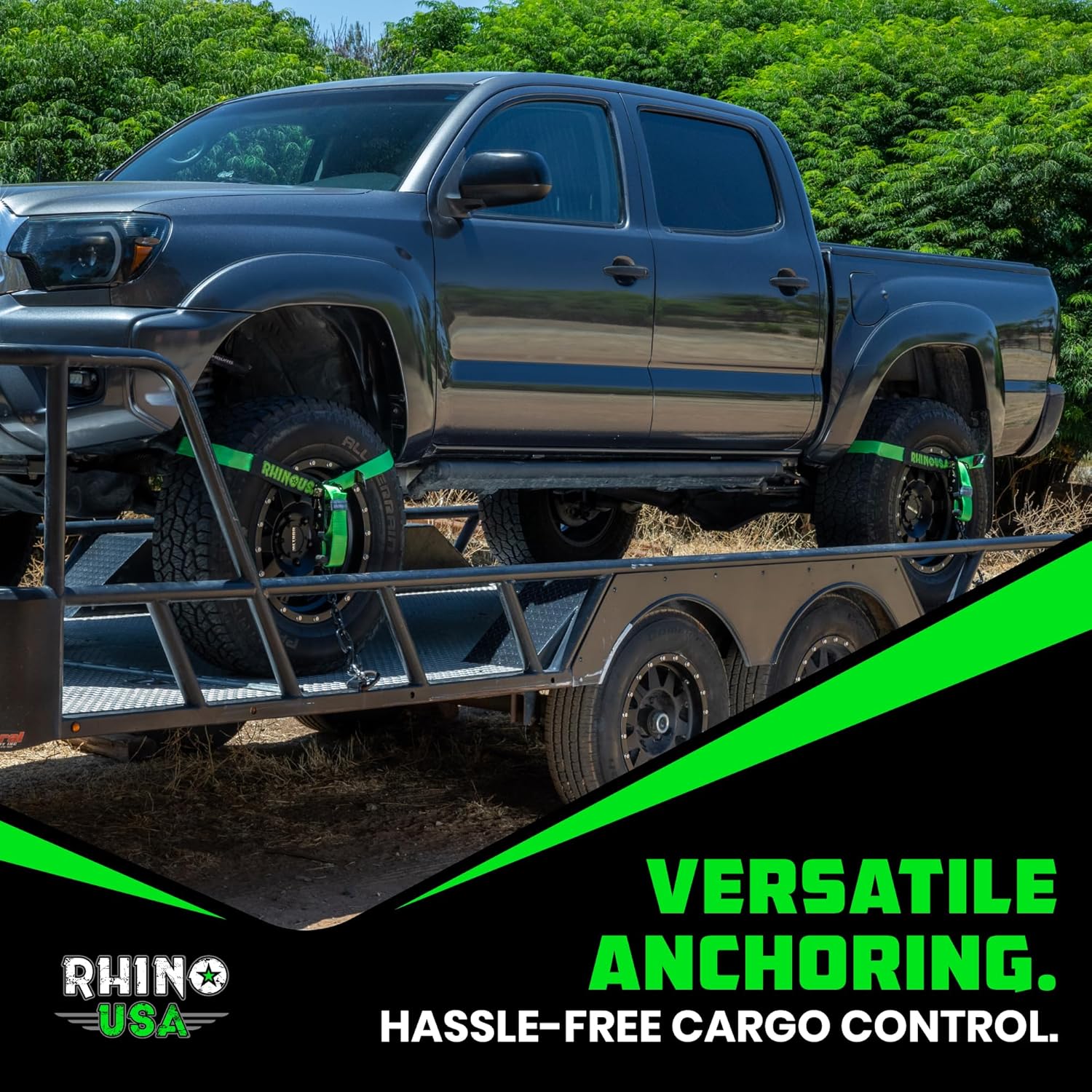 Car Tie Down Straps for Trailers with Flat Hooks (4-Pack) - 2 Inch x 8 Feet (10,000lb Break Strength) - Heavy Duty T-Handle Car Lasso Tire Straps for Trailer & UTV - Black