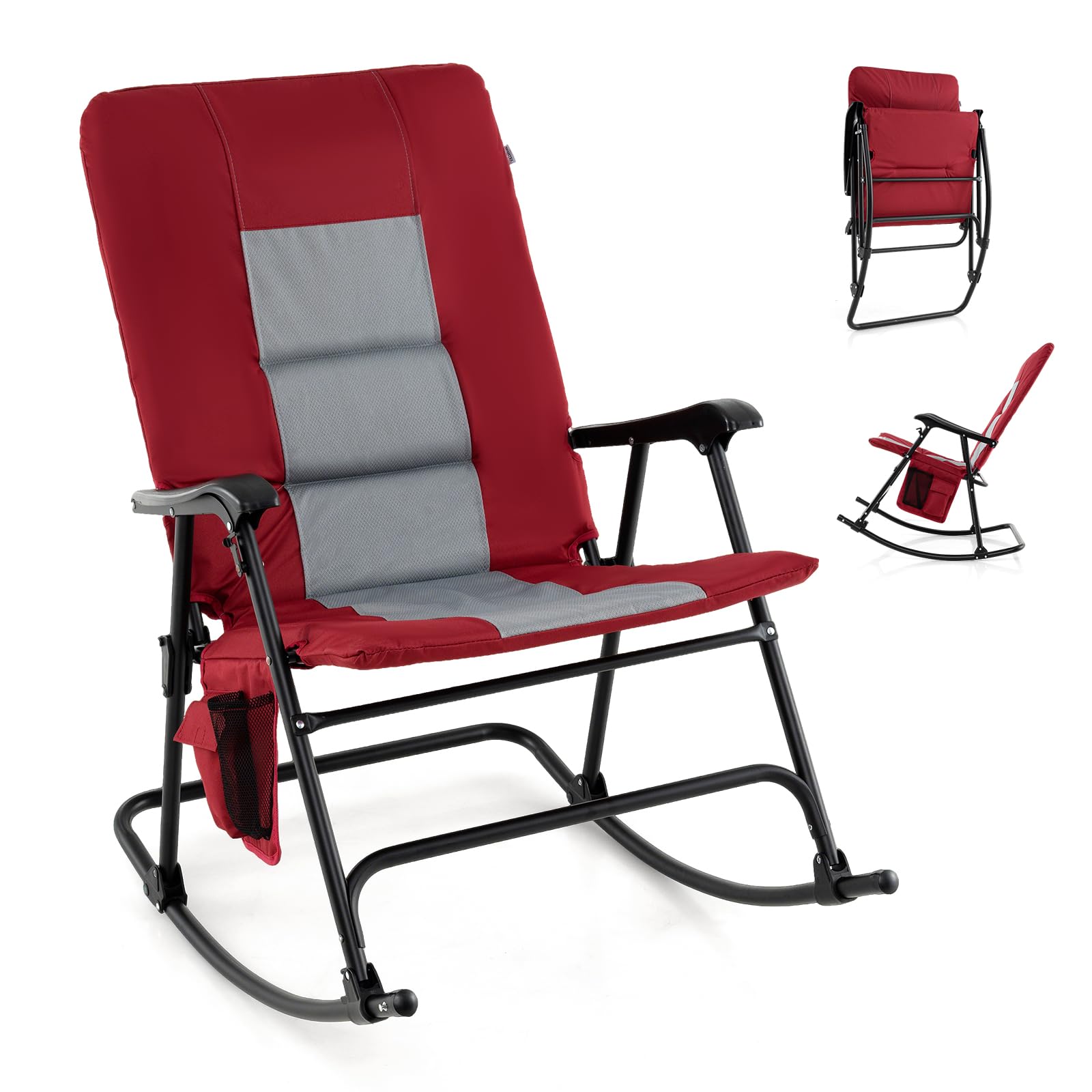 2025 Oversized Folding Rocking Chair, Padded Patio Lounge Rocker w/Metal Frame, Armrests, Side Pocket