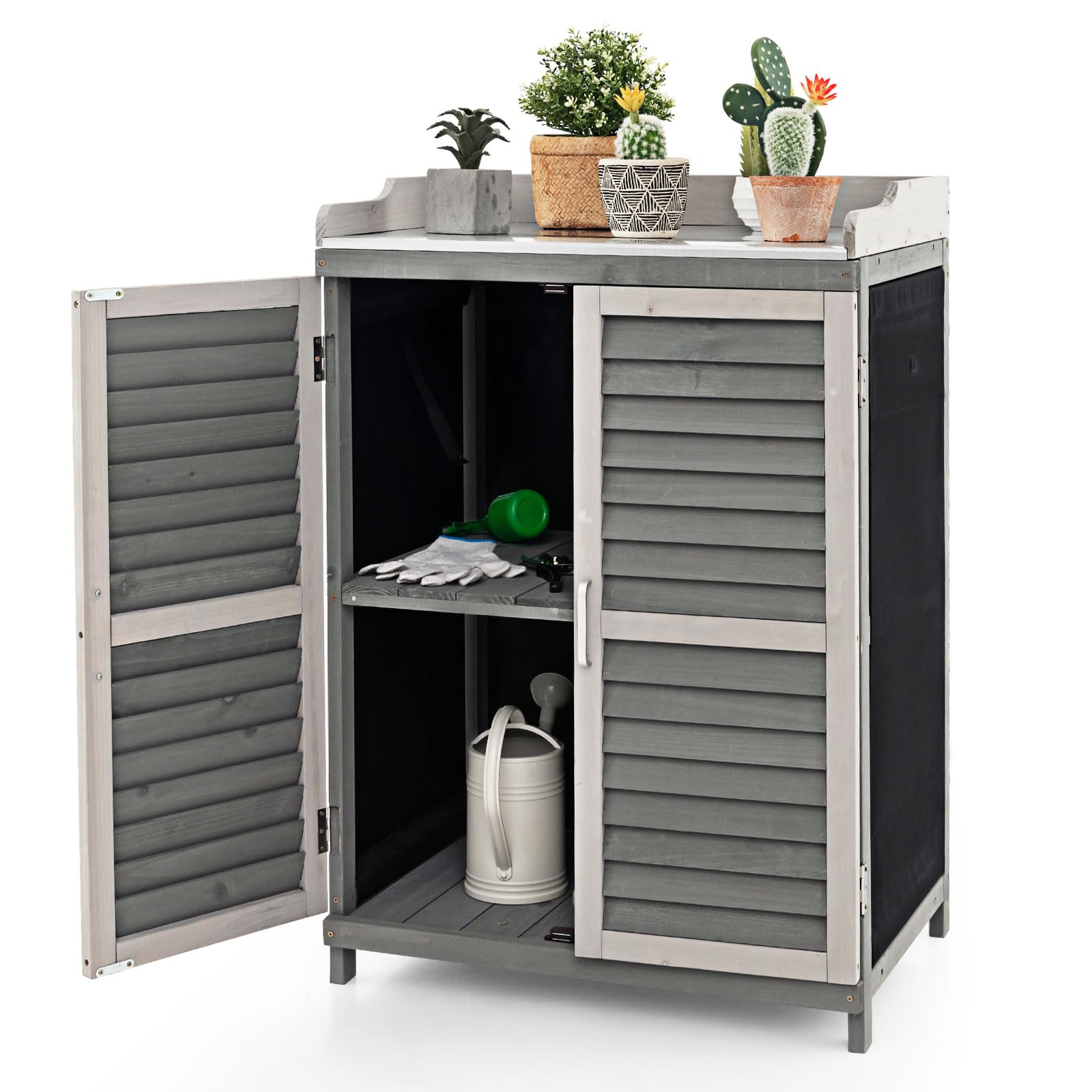 2025 Goplus Outdoor Potting Bench Table, Garden Storage Cabinet w/Metal Tabletop