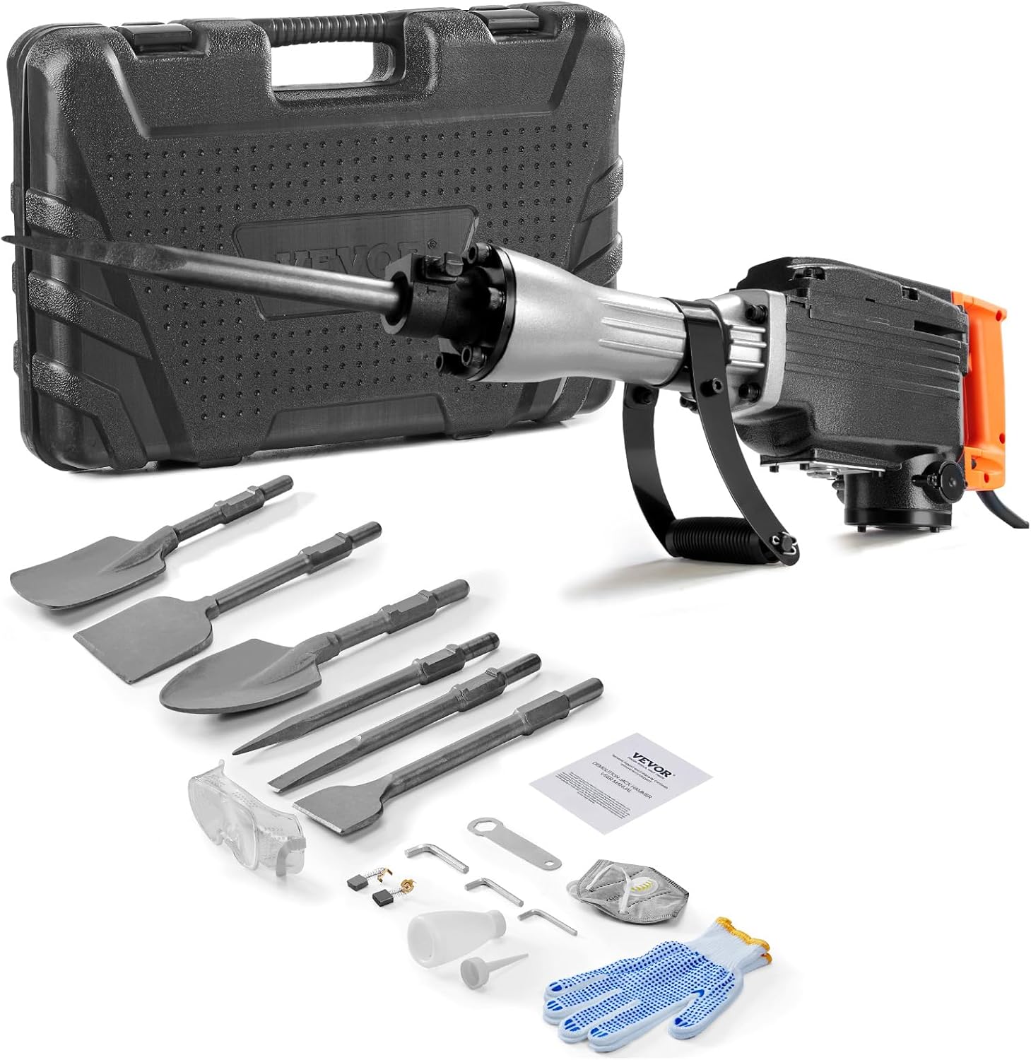 Demolition Jack Hammer, 1350 BPM Concrete Breaker 6pcs Chisels Bit Chipping with Case, 2200W Electric Jackhammer Heavy Duty, Black