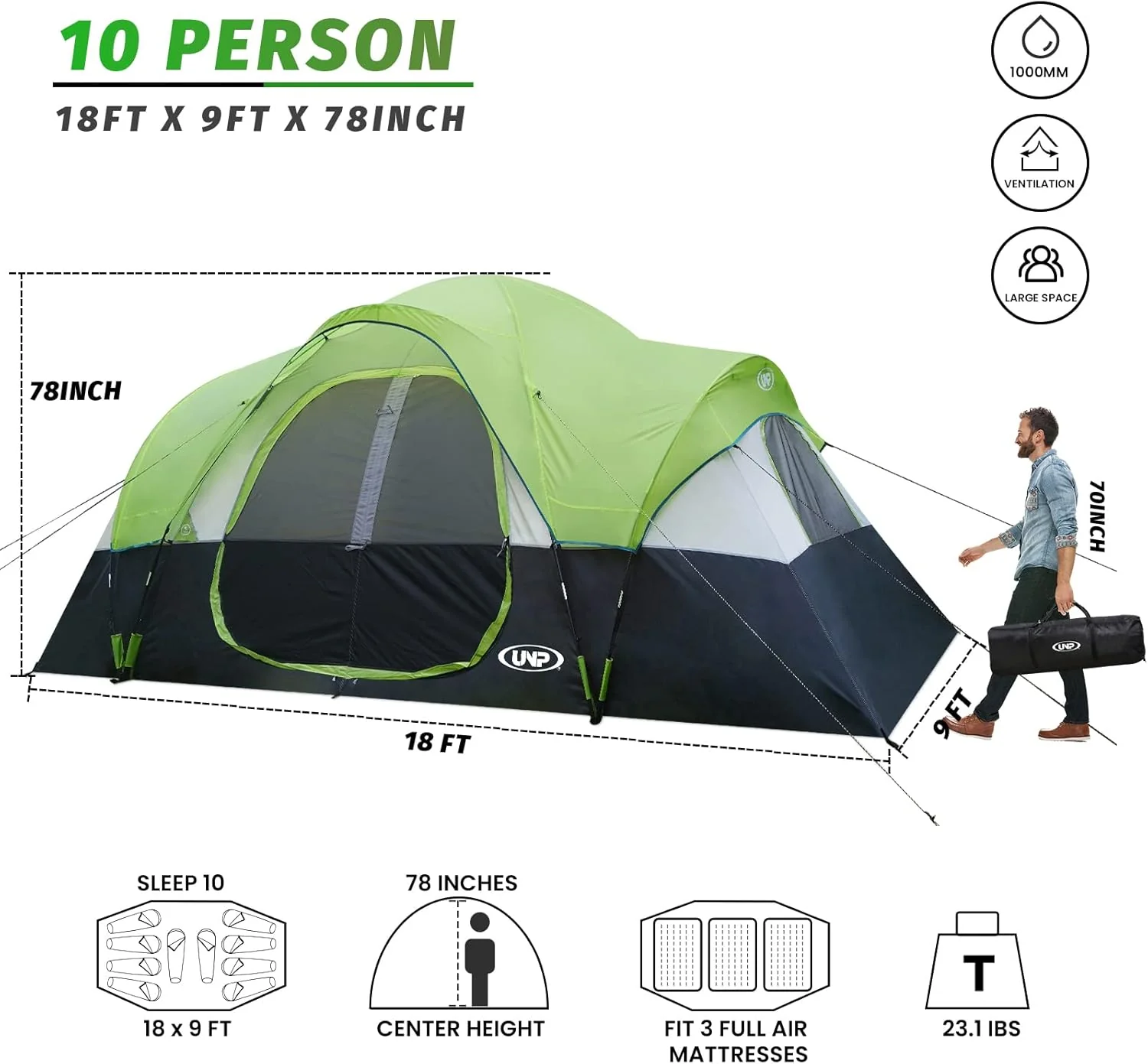 Camping Tent 10-Person-Family Tents, Parties, Music Festival Tent, Big, Easy Up, 5 Large Mesh Windows, Double Layer, 2 Room, Waterproof, Weather Resistant, 18ft x 9ft x78in
