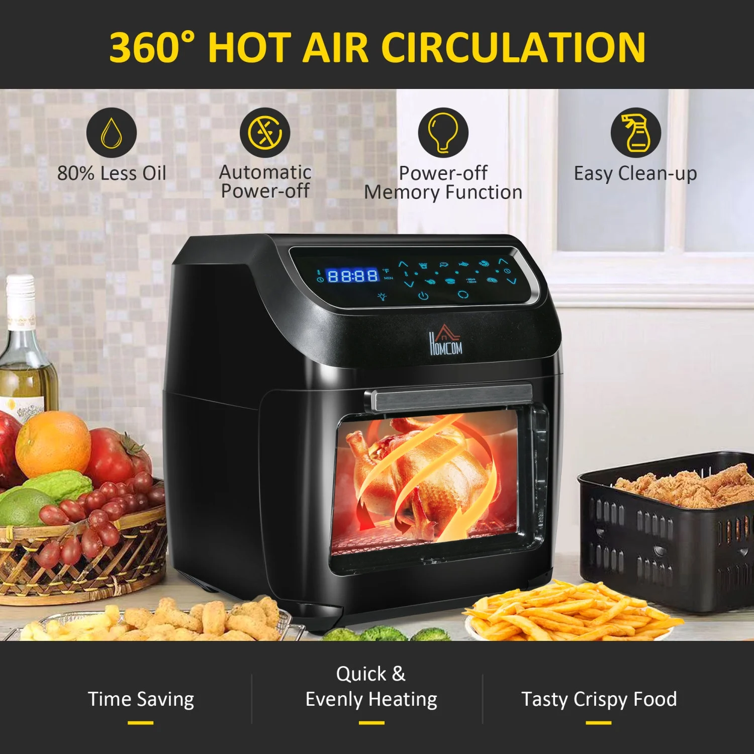 2025 12QT Air Fryer Oven Combo, 8-in-1, 1700W, LED Display, Black, Includes Accessories