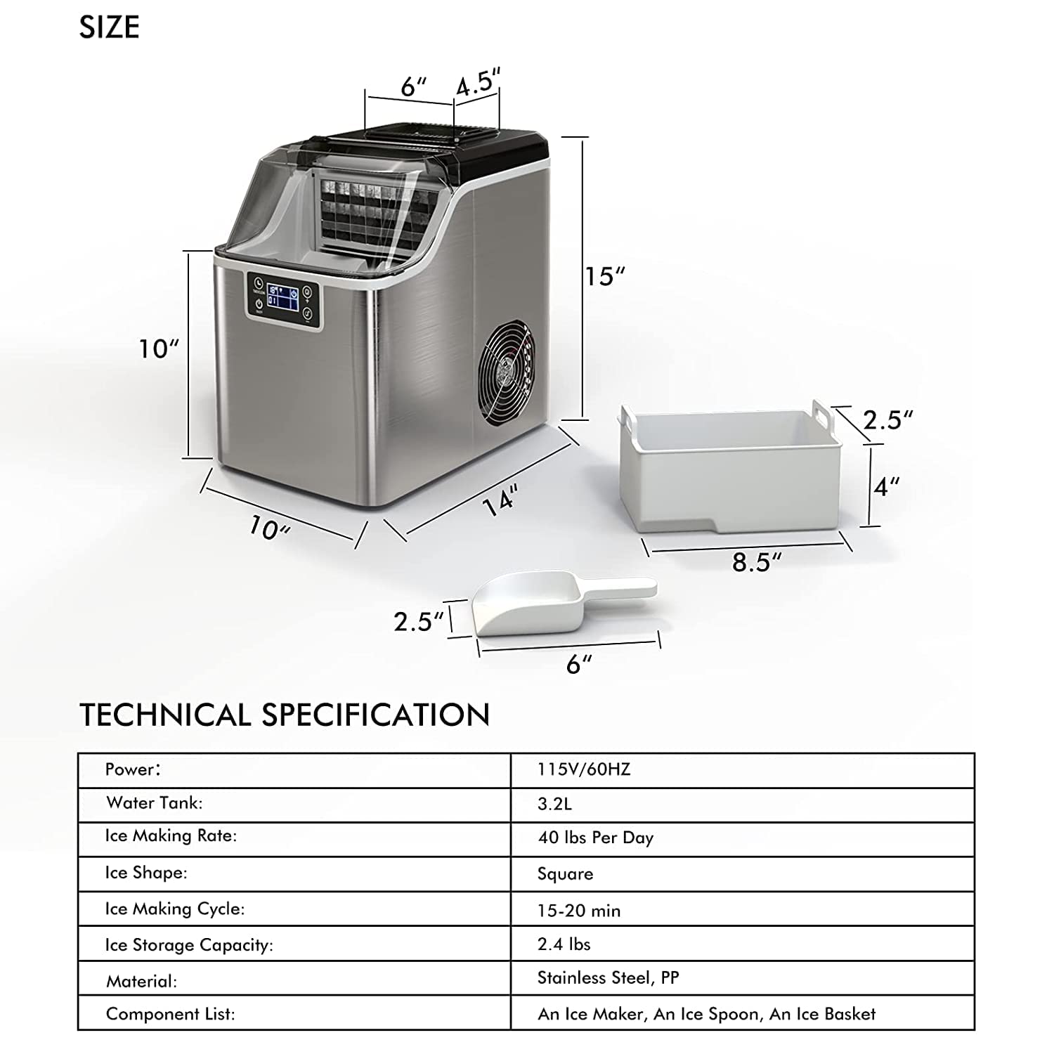 Countertop Ice Maker Machine, 45 Lbs/24H, 24 Pcs/13 Mins, 2 Ways to Add Water