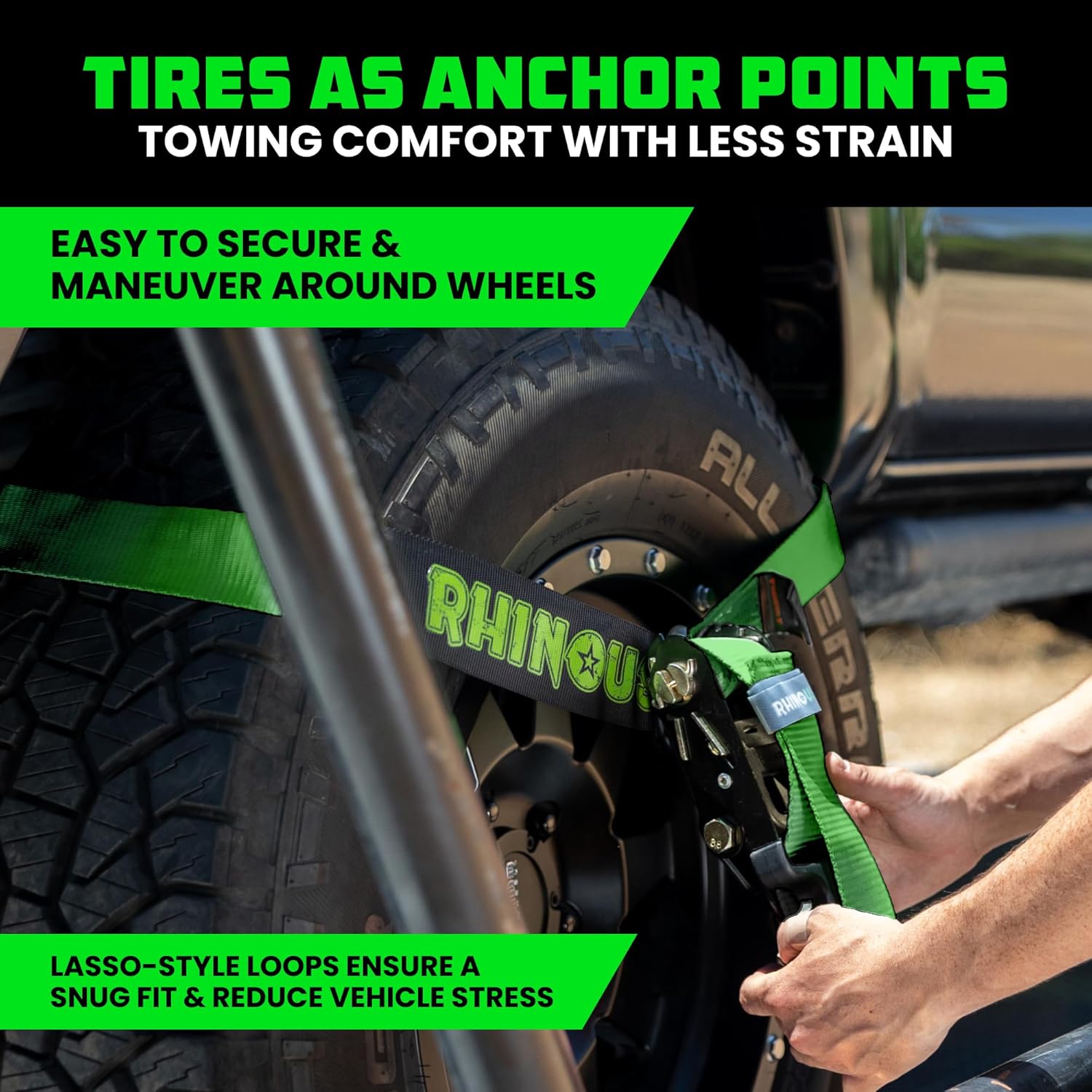 Car Tie Down Straps for Trailers with Flat Hooks (4-Pack) - 2 Inch x 8 Feet (10,000lb Break Strength) - Heavy Duty T-Handle Car Lasso Tire Straps for Trailer & UTV - Black