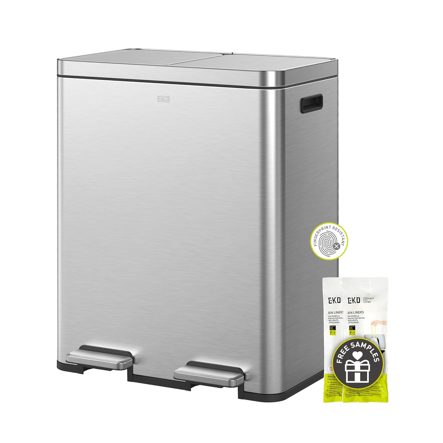 30L + 30L dual trash cans, with recycling bin, stainless steel independent footrest and lid, 2 8-gallon trash cans suitable for kitchen, slow-closing design, fingerprint-resistant treatment
