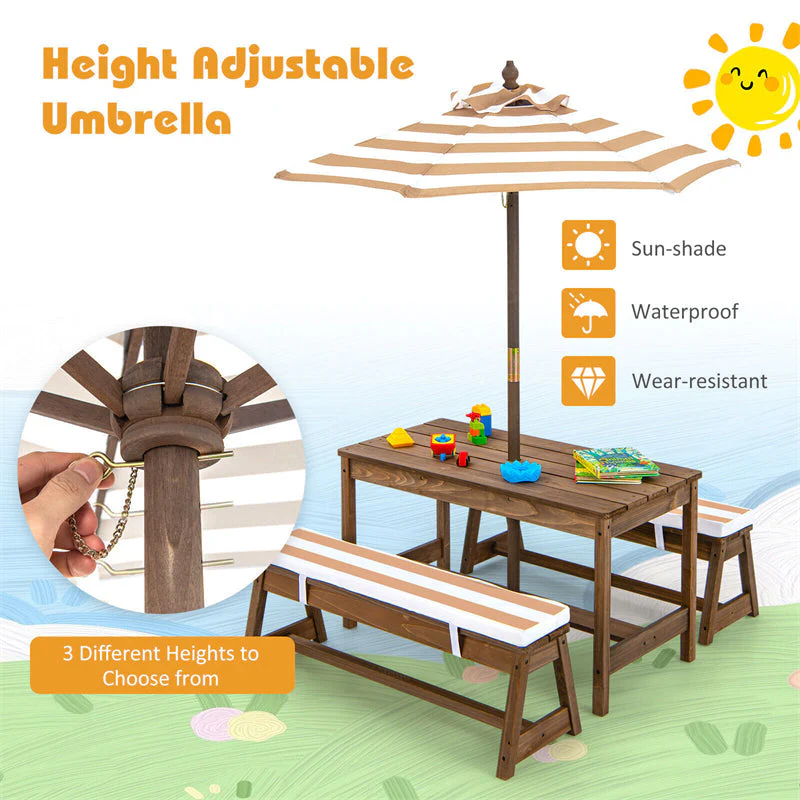 2025 Wooden Kids Picnic Table Bench Set Children Outdoor Activity Table with Cushions & Height Adjustable Umbrella
