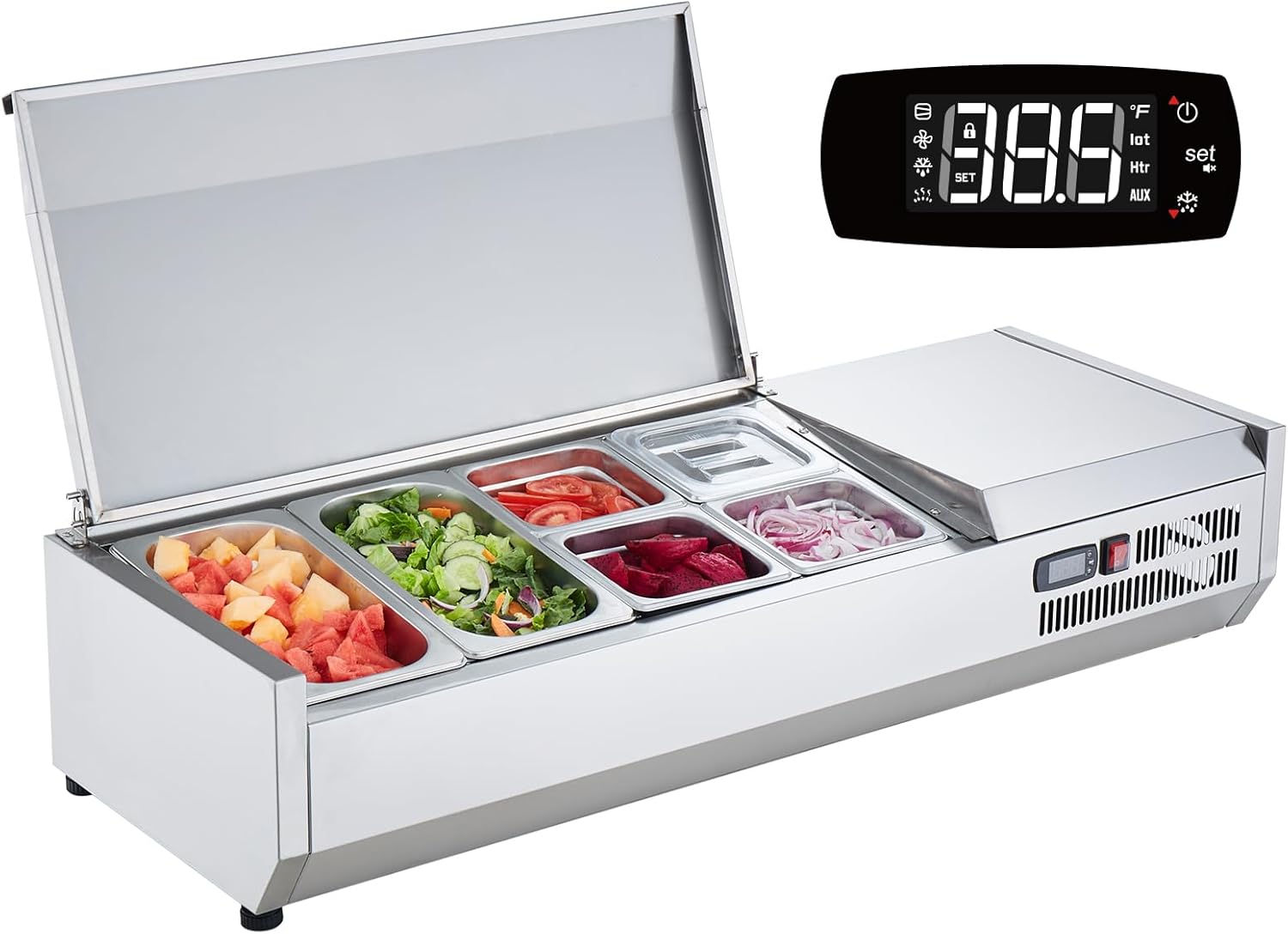 Refrigerated Condiment Prep Station, 135 W Countertop Refrigerated Condiment Station, with 2 1/3 Pans & 4 1/6 Pans, 304 Stainless Body and PC Lid, Sandwich Prep Table with Stainless Guard, ETL