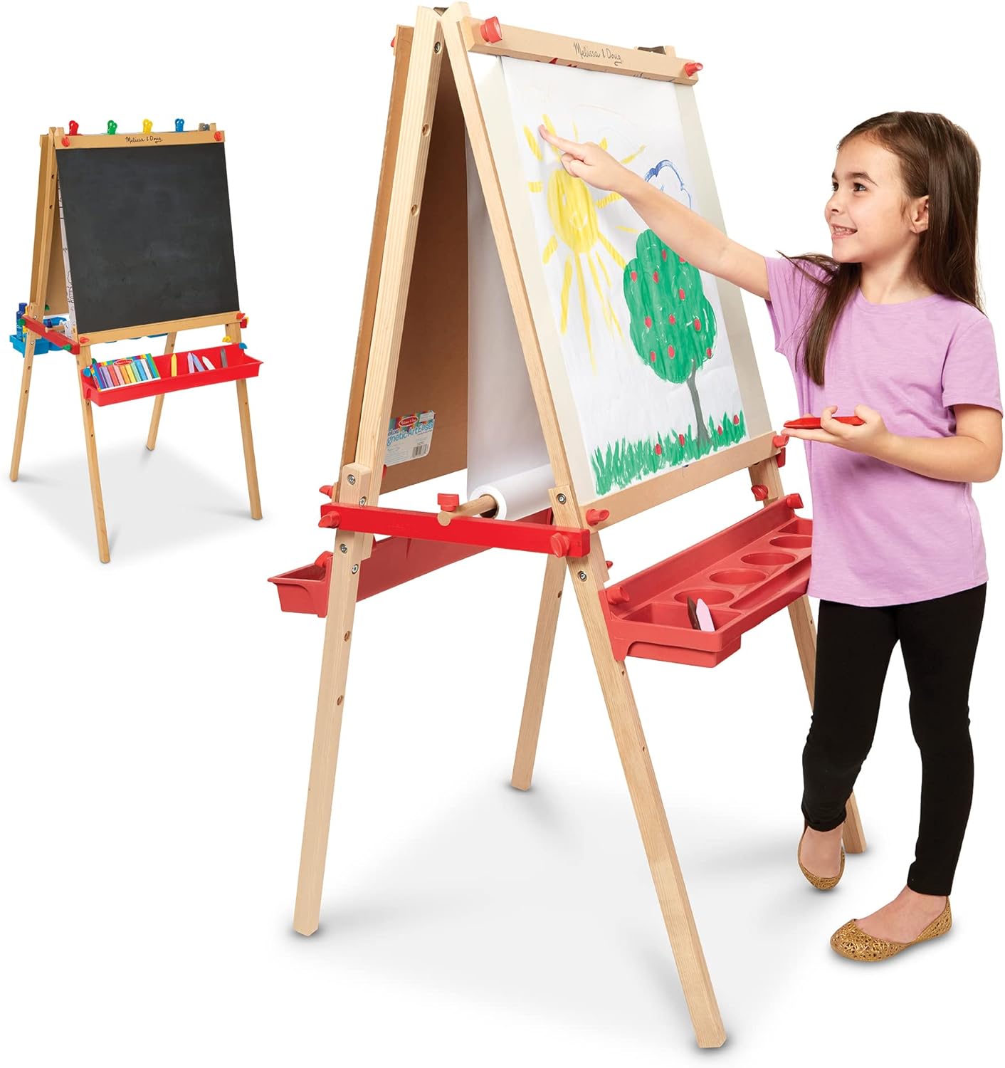 Deluxe Standing Art Easel - Ages 3 - 7, Dry Erase Board, Chalkboard, Rolling Paper Tube