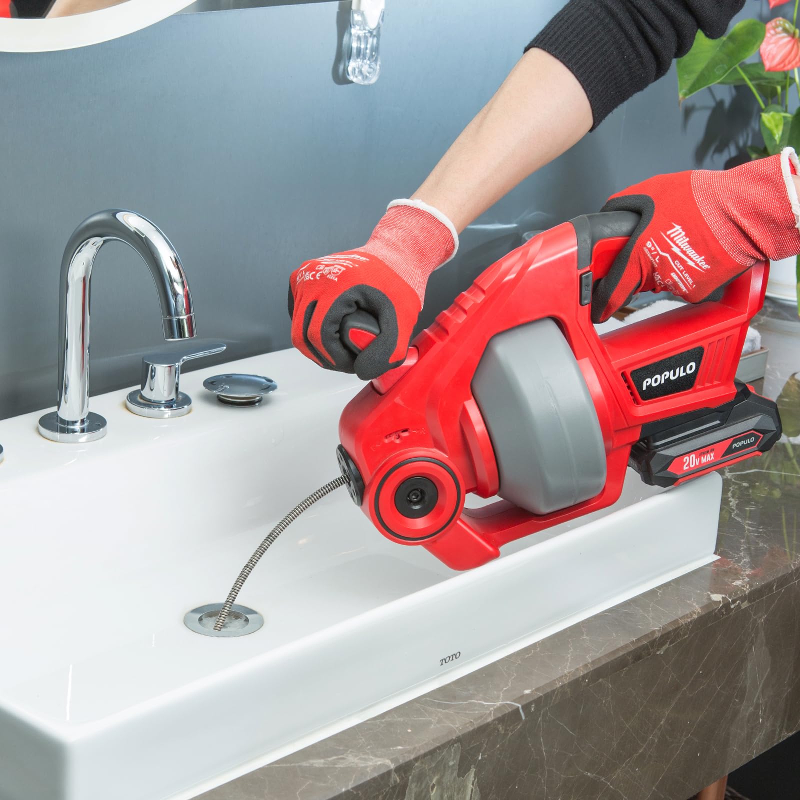 POPULO 20V Cordless Electric Drain Auger-Efficient 25Ft Auto-Feed Drain