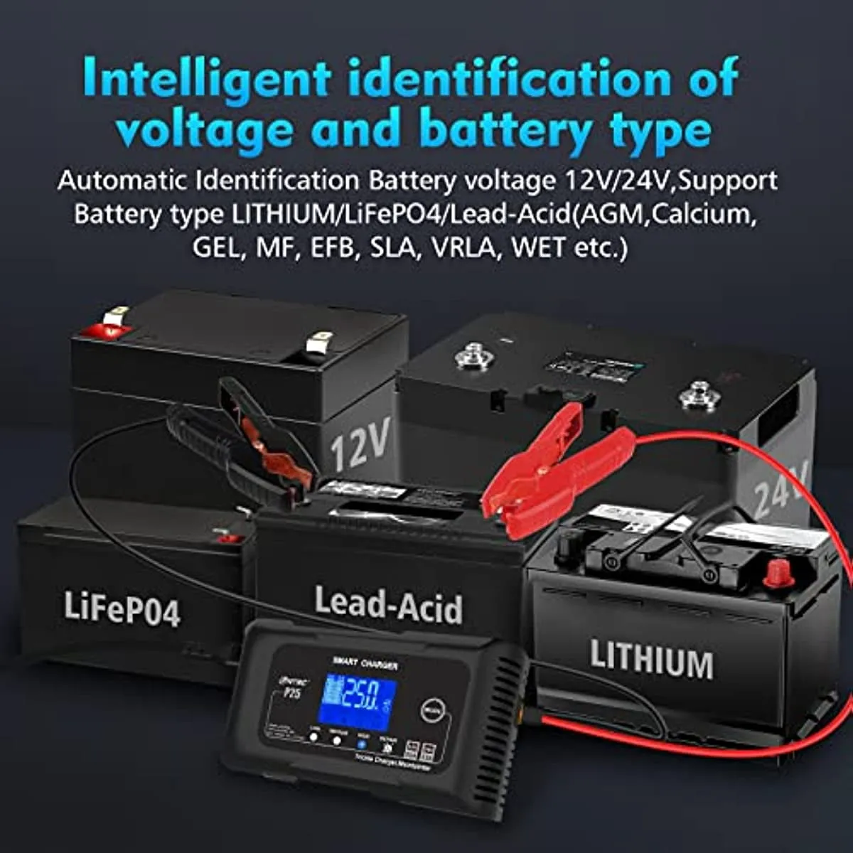 25-Amp Smart Battery Charger,Lithium,LiFePO4,Lead-Acid AGM/Gel/SLA.. Car Battery Charger,Trickle Charger, Maintainer/deep Cycle Charger,12V/25A and 24V/13A,for Motorcy,Boat,Lawn Mower,Golf cart..