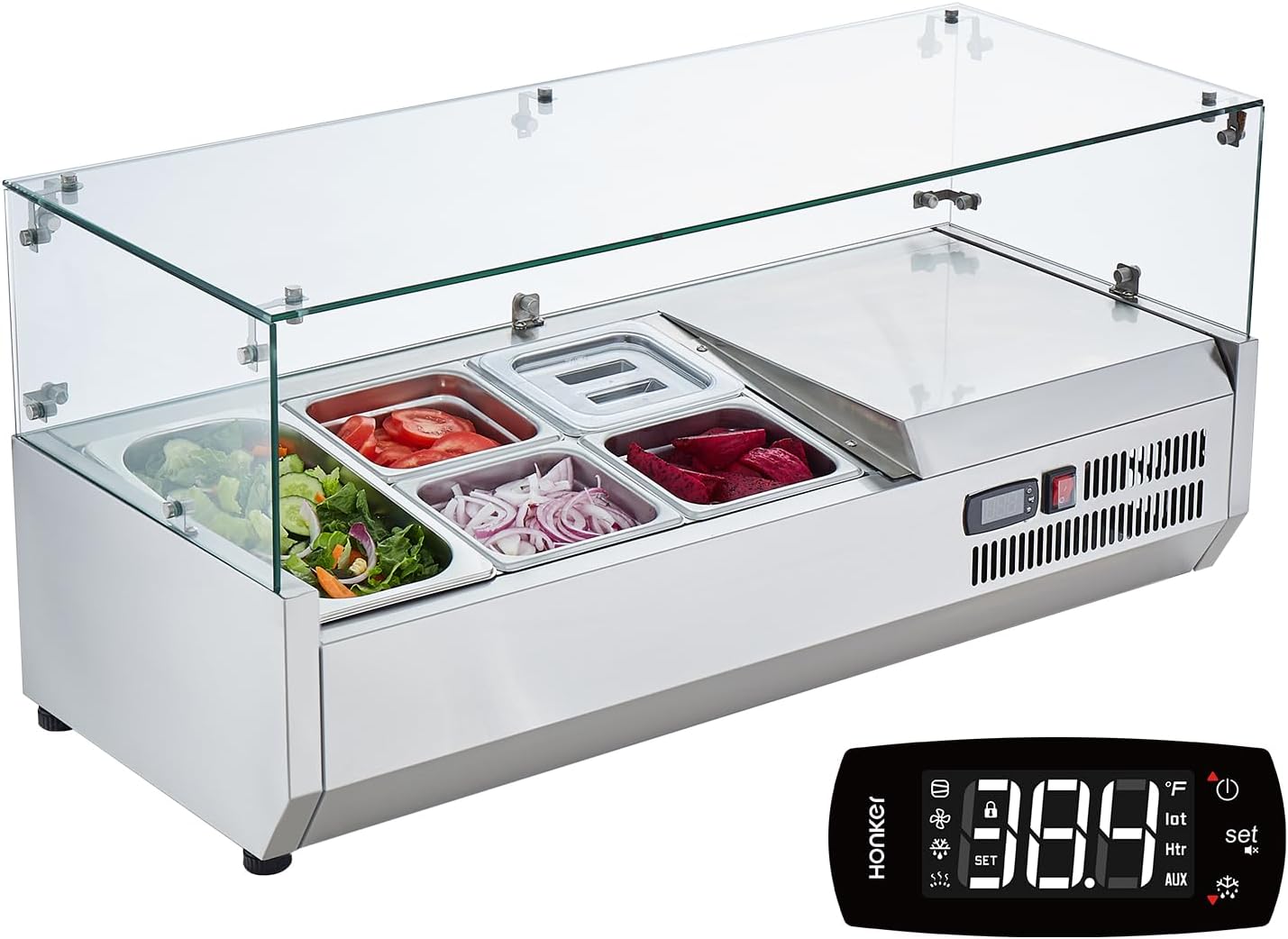 Refrigerated Condiment Prep Station, 135 W Countertop Refrigerated Condiment Station, with 2 1/3 Pans & 4 1/6 Pans, 304 Stainless Body and PC Lid, Sandwich Prep Table with Stainless Guard, ETL