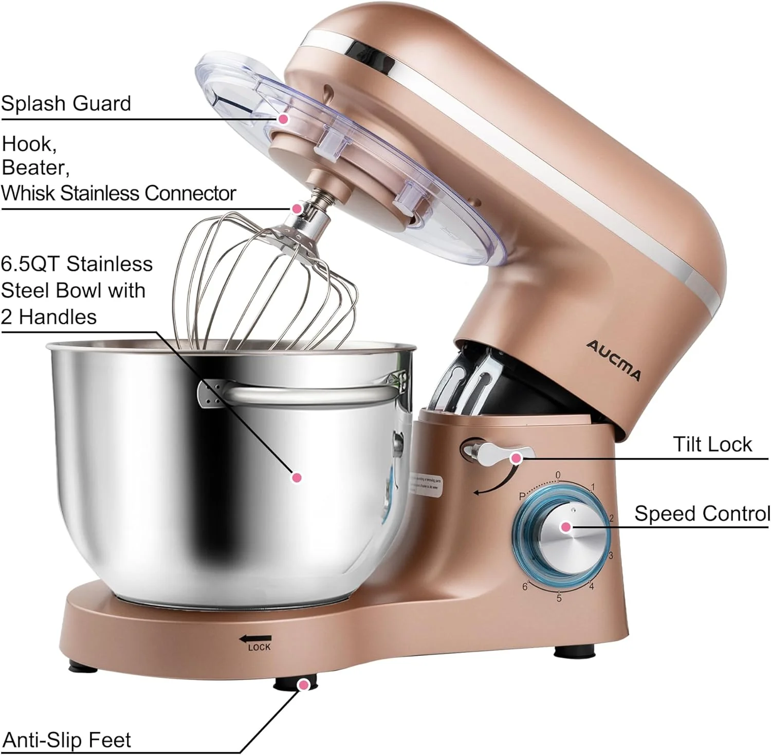 Aucma Stand Mixer,6.5-QT 660W 6-Speed Tilt-Head Food Mixer, Kitchen Electric Mixer with Dough Hook