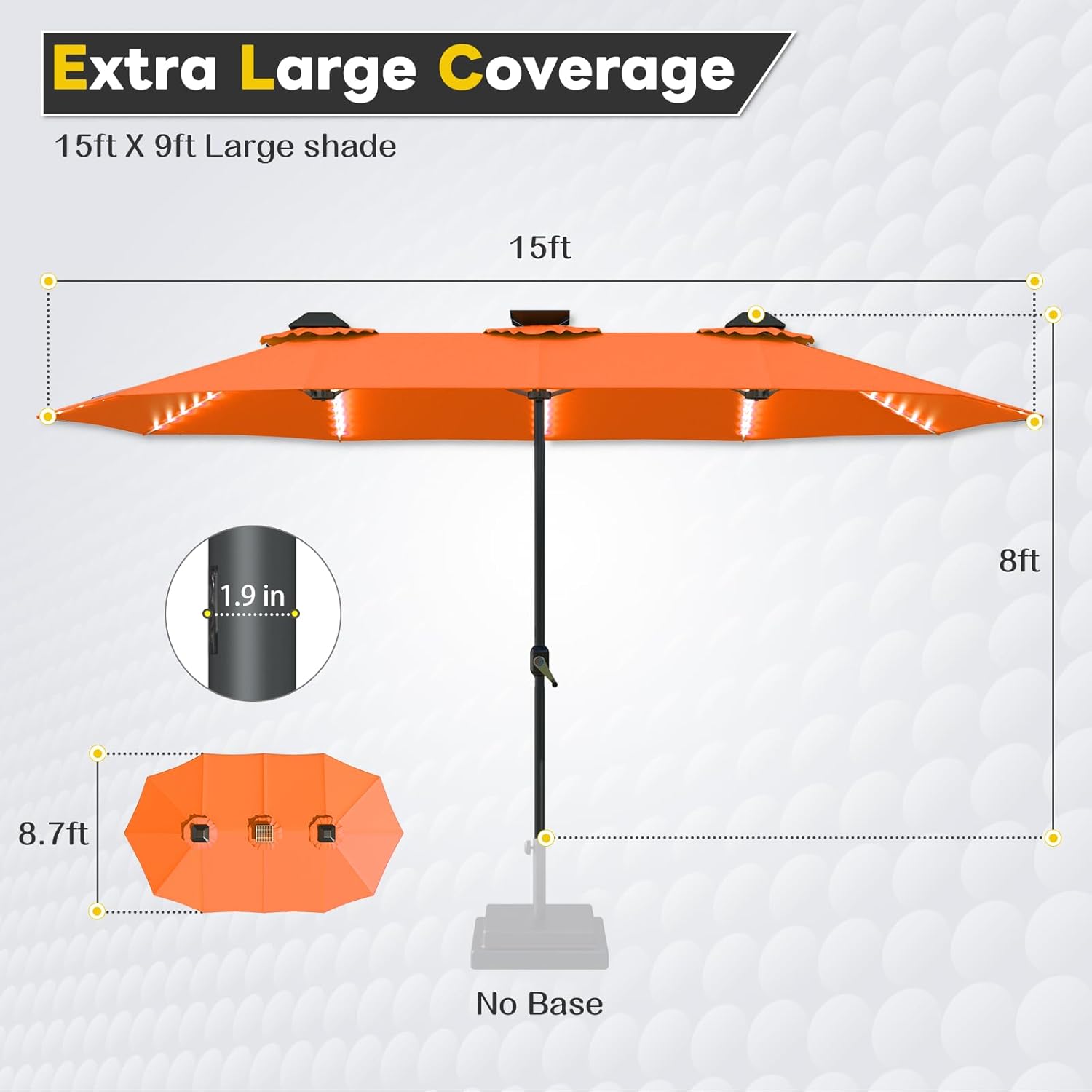 15ft Patio Umbrella with Solar Lights, Large Double Umbrella Outdoor, Rectangle 180''x106'' Umbrellas with 156 PCS LED Lights and Crank Handle for Backyard Deck Pool Shade in Black(1.9