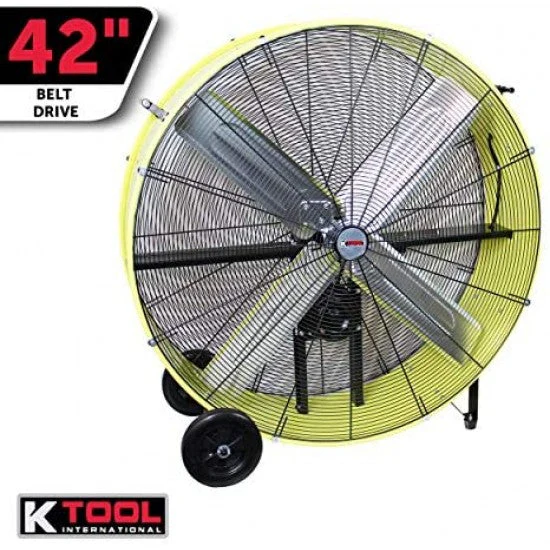 2025 K Tool International 42′′ Belt Drive Drum Fan; Industrial, Garage, Shop, High Speed 2-Speed, Durable, Cut-Off Protection, Easy Mobility Rubber Wheels; SAFETY YELLOW KTI77743
