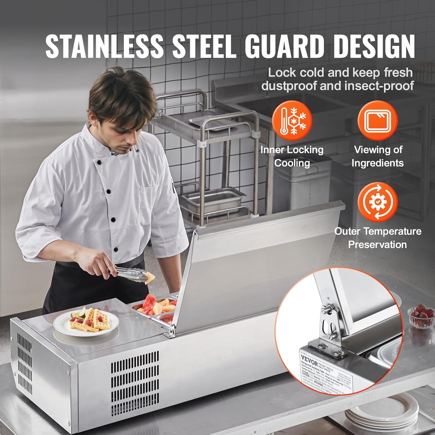 Refrigerated Condiment Prep Station, 135 W Countertop Refrigerated Condiment Station, with 2 1/3 Pans & 4 1/6 Pans, 304 Stainless Body and PC Lid, Sandwich Prep Table with Stainless Guard, ETL