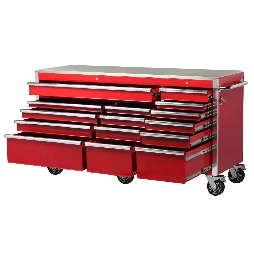 2025 Heavy-Duty 72 in. W x 24 in. D 15-Drawer Tool Chest Mobile Workbench with Stainless Steel Top and Dual Locks in Red
