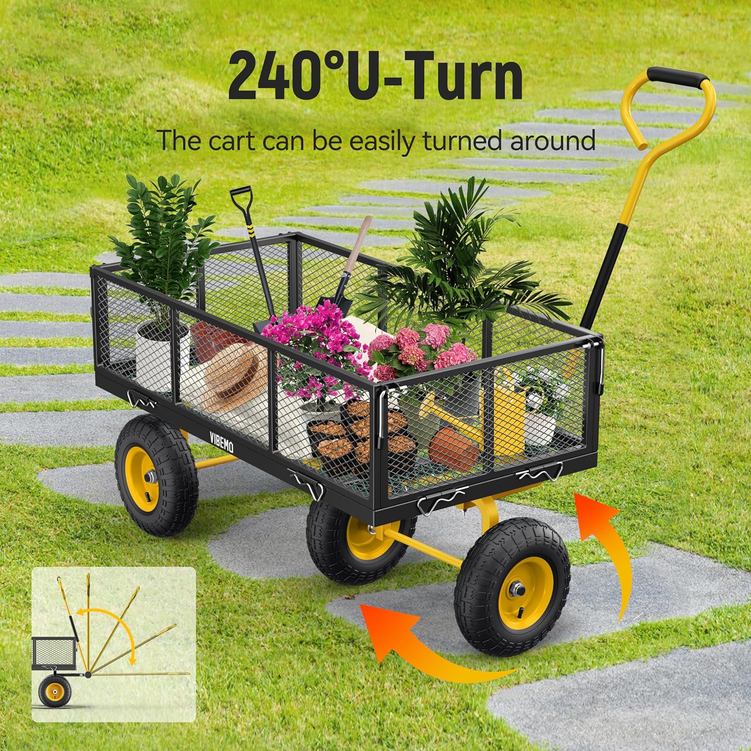 2025 Steel Garden Cart, 2-in-1 1400 lbs Heavy Duty Utility Wagon, with Removable Mesh Sides to Convert into Flatbed, 240° U-Turn 13" Pneumatic Tires Garden Wagon for Farm Yard Lawn Garden Camping