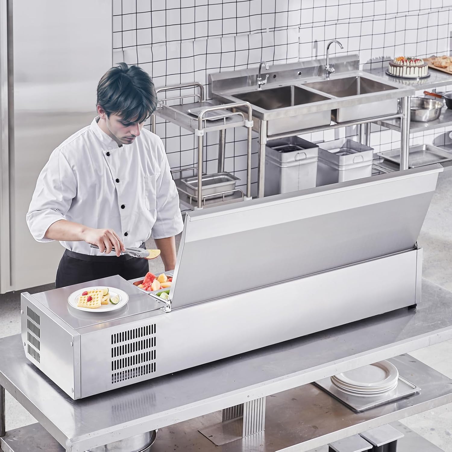 Refrigerated Condiment Prep Station, 135 W Countertop Refrigerated Condiment Station, with 2 1/3 Pans & 4 1/6 Pans, 304 Stainless Body and PC Lid, Sandwich Prep Table with Stainless Guard, ETL