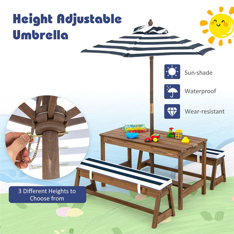 2025 Wooden Kids Picnic Table Bench Set Children Outdoor Activity Table with Cushions & Height Adjustable Umbrella