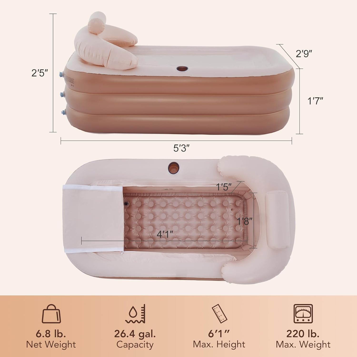 Inflatable Adult Bath Tub, Free-Standing Blow Up Bathtub with Foldable Portable Feature for Adult Spa with Electric Air Pump (High-Density PVC)