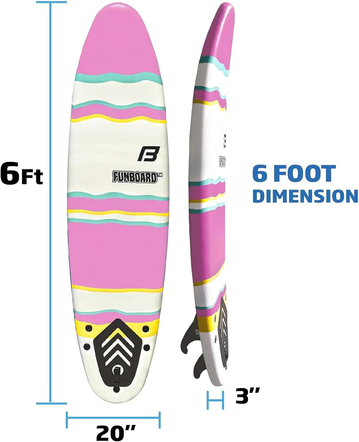 6’ FUNBOARD Surfboard Softboard Foam - Include (3) Fins 6’ Foot Leash and (2) Wood Stringers - Kids and Adults Beginner Intermediate