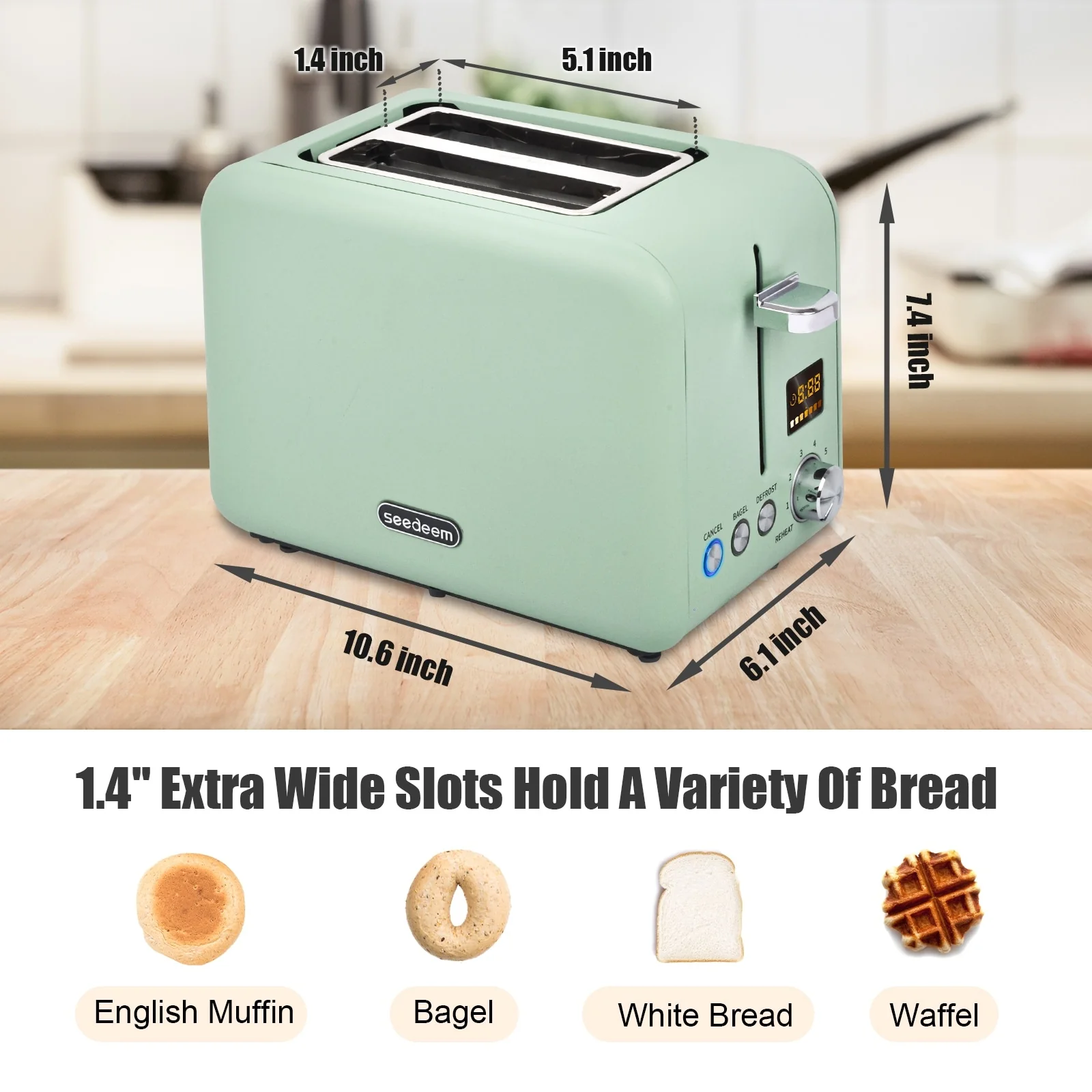 SEEDEEM Toaster 2 Slice, Stainless Steel Toaster with LCD Display