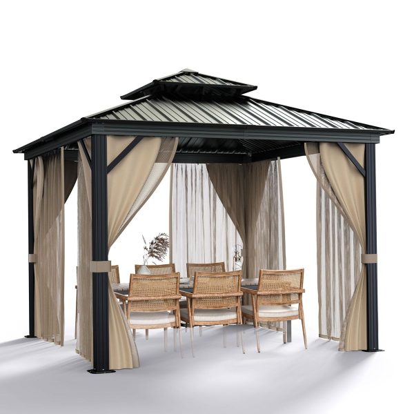 2025 10x10 Hardtop Gazebo with double metal roof, aluminum frame, net, and curtain. All-weather, ideal for patio, deck, garden, backyard. Khaki.