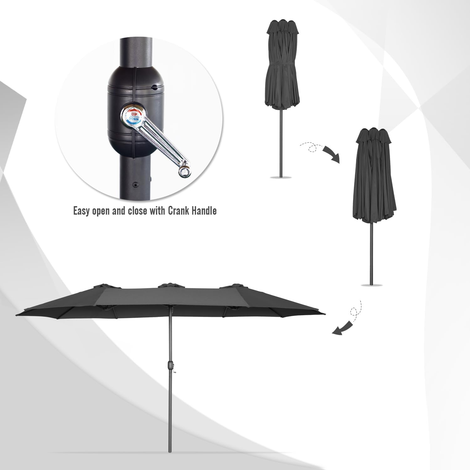 15ft Patio Umbrella with Solar Lights, Large Double Umbrella Outdoor, Rectangle 180''x106'' Umbrellas with 156 PCS LED Lights and Crank Handle for Backyard Deck Pool Shade in Black(1.9