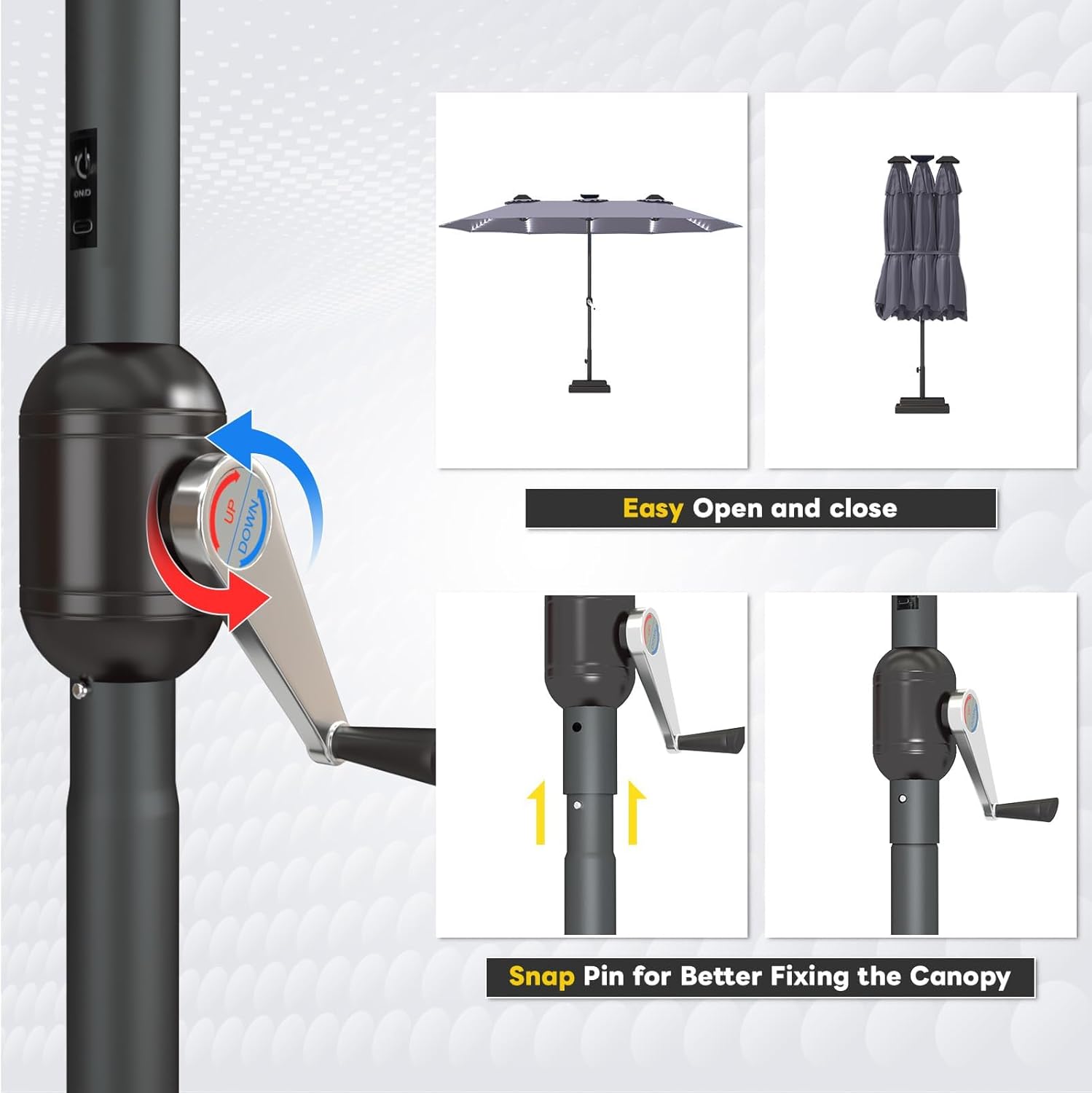 15ft Patio Umbrella with Solar Lights, Large Double Umbrella Outdoor, Rectangle 180''x106'' Umbrellas with 156 PCS LED Lights and Crank Handle for Backyard Deck Pool Shade in Black(1.9
