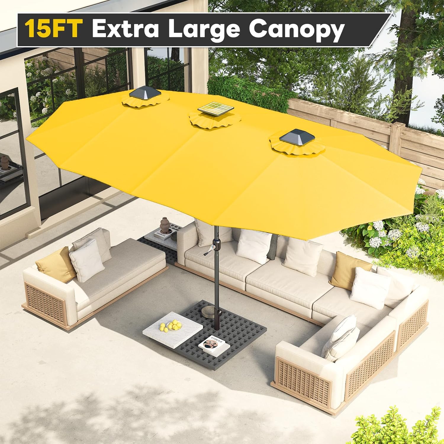 15ft Patio Umbrella with Solar Lights, Large Double Umbrella Outdoor, Rectangle 180''x106'' Umbrellas with 156 PCS LED Lights and Crank Handle for Backyard Deck Pool Shade in Black(1.9