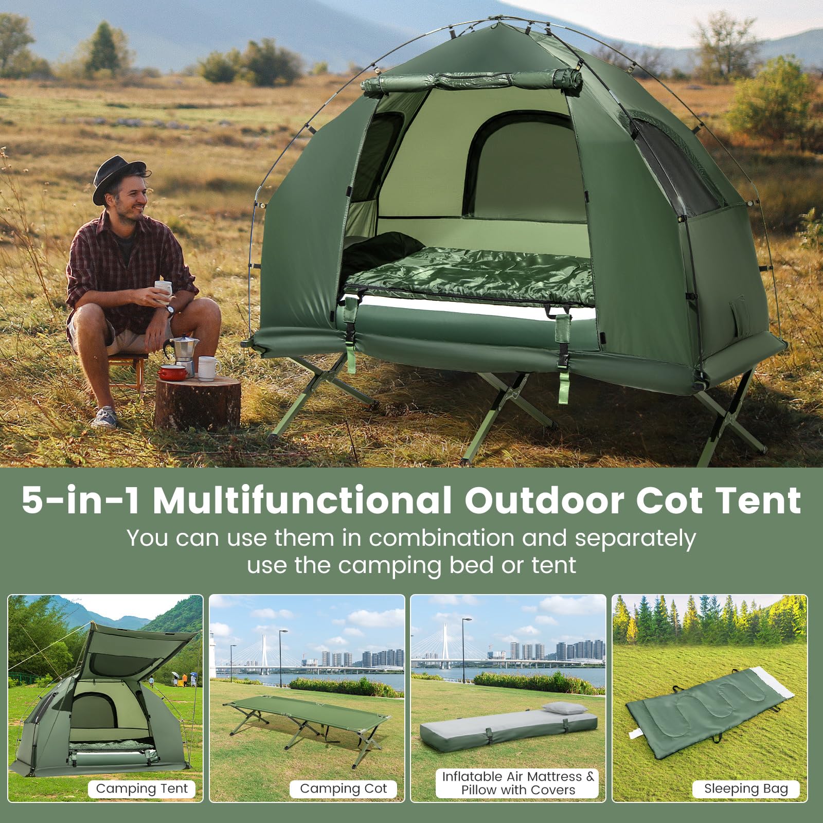 2025 Camping Tent Cot, 5-in-1 Folding Camping Bed with Air Mattress, Pillow, Sleeping Bag, Waterproof Elevated Tent Shelter