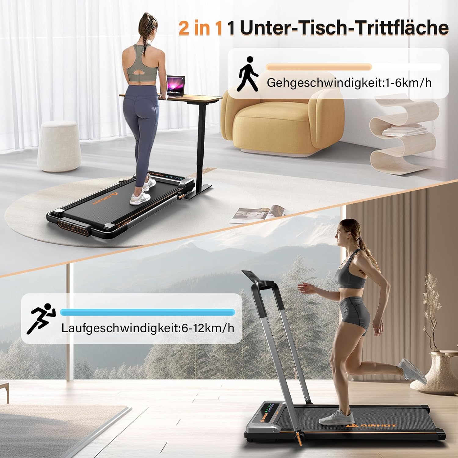 Laufband für Zuhause-AIRHOT, 2,5 PS Walking Pad, Untertisch-Laufband mit Fernbedienung und LED-Anzeige, maximale Geschwindigkeit von 6 km/h BZW. 12 km/h. Kompaktes Laufband für zuhause oder das Büro
