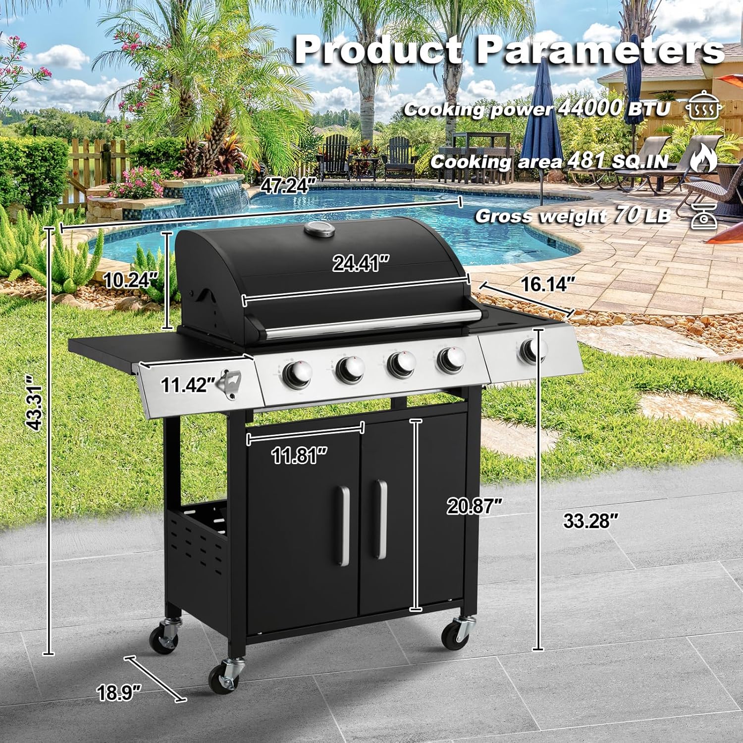 Upgraded 4 Burner BBQ Propane Gas Grill with Cast Iron Grates & Side Stove, 44,000 BTU Stainless Steel Burner Barbecue Grill for Patio, Camping, Outdoor Cooking MELLCOM