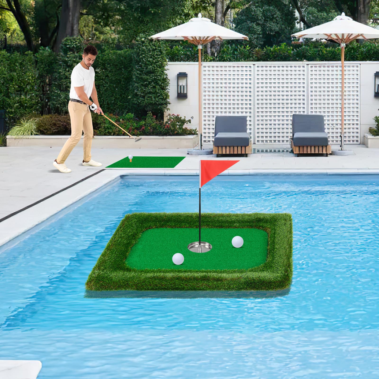 Floating Golf Green for Pool, Chipping Green Mat w/Hitting Mat, Golf Balls, Rectangle, 37.5