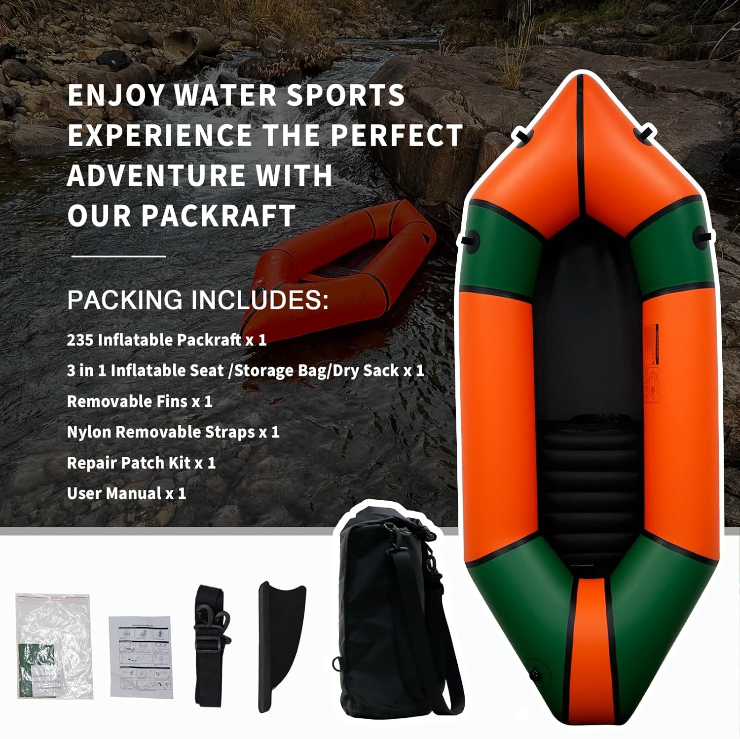 Lightweight Packrafts, TPU Inflatable Kayak for Flat Water Rafting Camping Trip/Fishing/Water Adventures 1 Person/2 Person Packraft, 330lb/660lb Weight Capacity