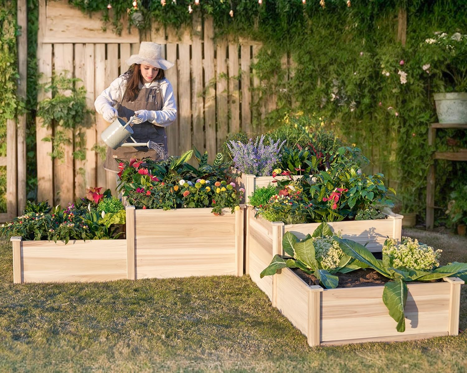 Garden Bed Outdoor Gardening, 28 Inch Depth 3-Tier Wood Planter Box with Cedar Leg, Baseboard, Leakage Hole,Easy Assembled, Ideal for Vegetables, Herbs, Flowers