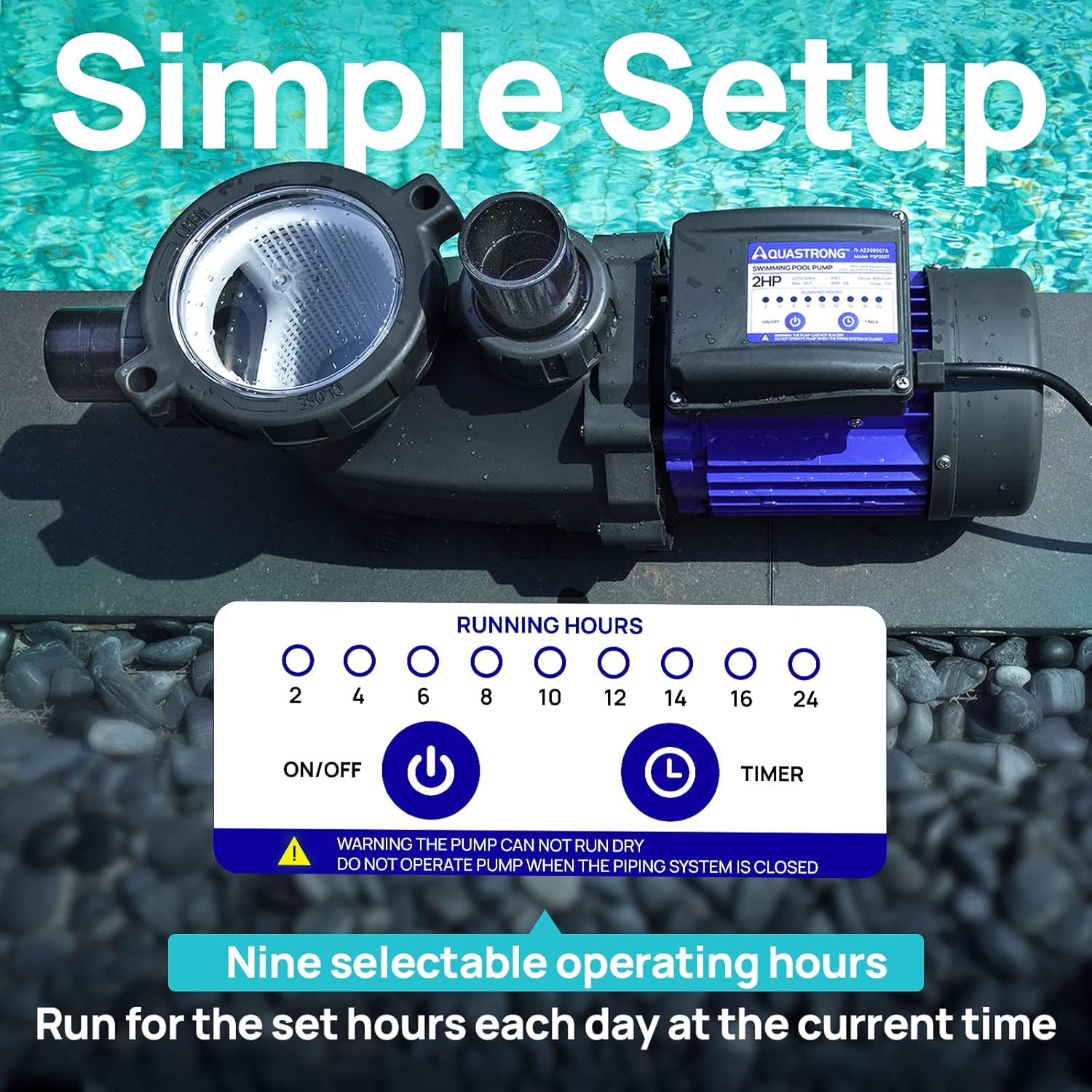 AQUASTRONG In/Above Ground Pool Pump, High Flow (with Timer, 2HP, 8917 GPH, 220V)