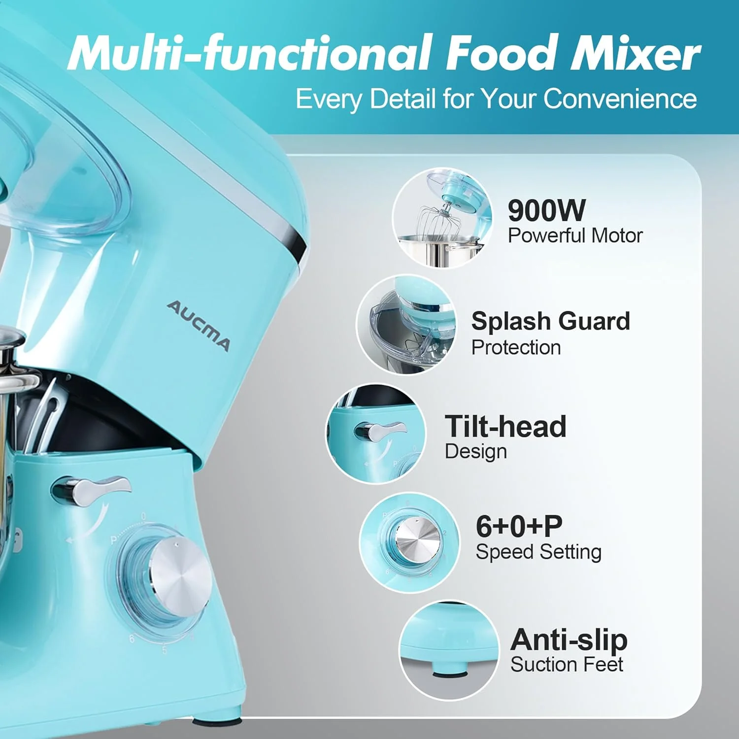Aucma Stand Mixer,6.5-QT 660W 6-Speed Tilt-Head Food Mixer, Kitchen Electric Mixer with Dough Hook