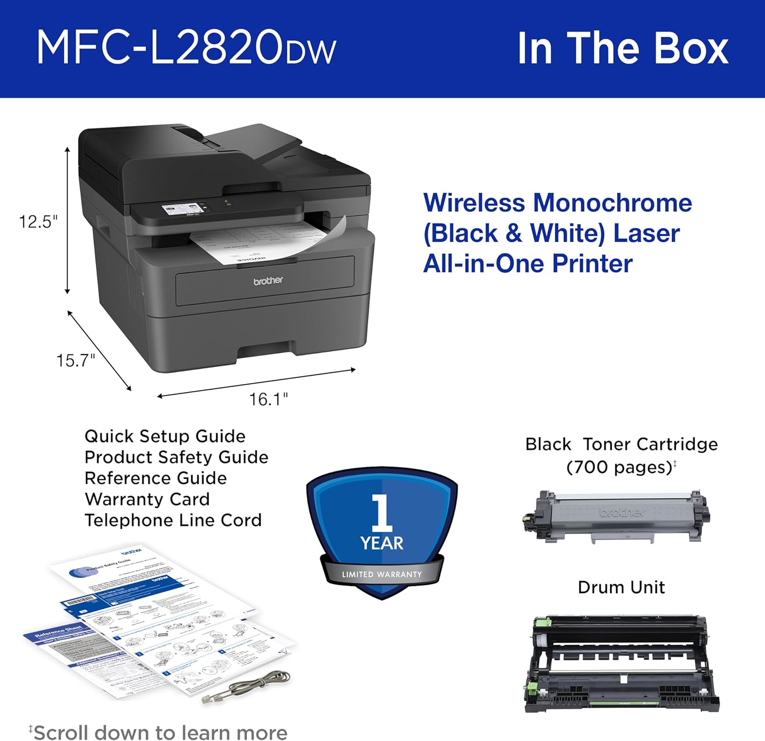 Mfc-L2820Dw Wireless Monochrome All-In-One Printer