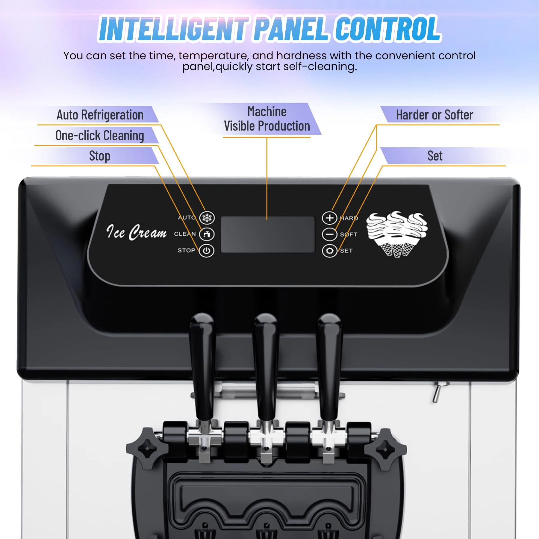 2200W Commercial Ice Cream Machine, 3 Flavor Soft Serve Ice Cream Machine, 5.3-7.4 Gal/Hr, with LCD Touch Screen, Automatic Cleaning, High Productivity for Home Snack Bar & Restaurants