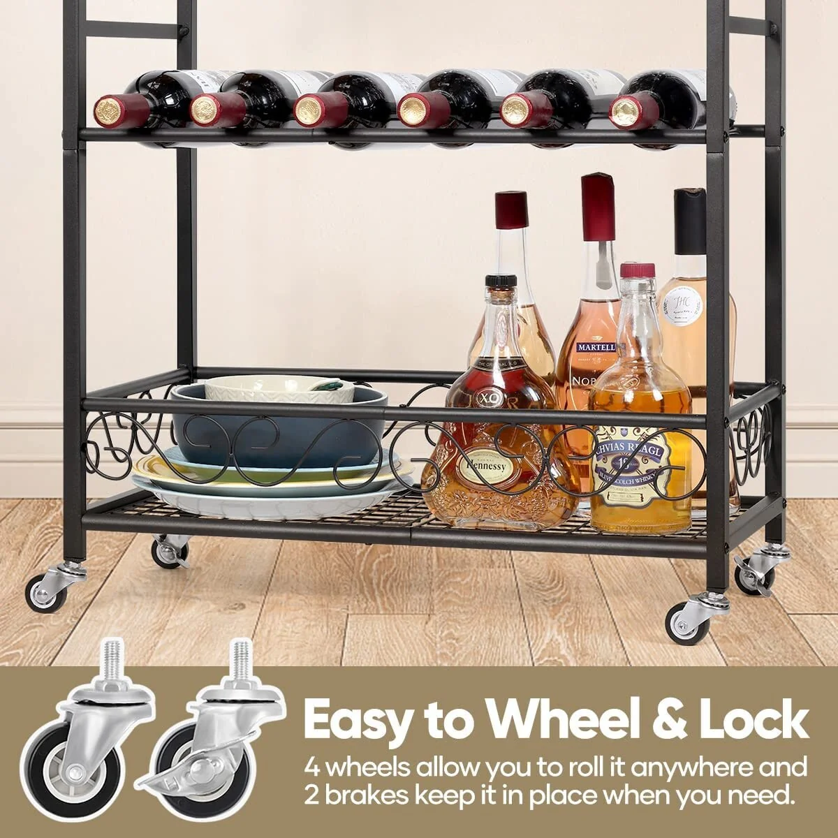 3 Tier Mobile Bar Serving Cart, Rolling Wine Cart with Glass Stemware Rack and Wine Bottle Holders